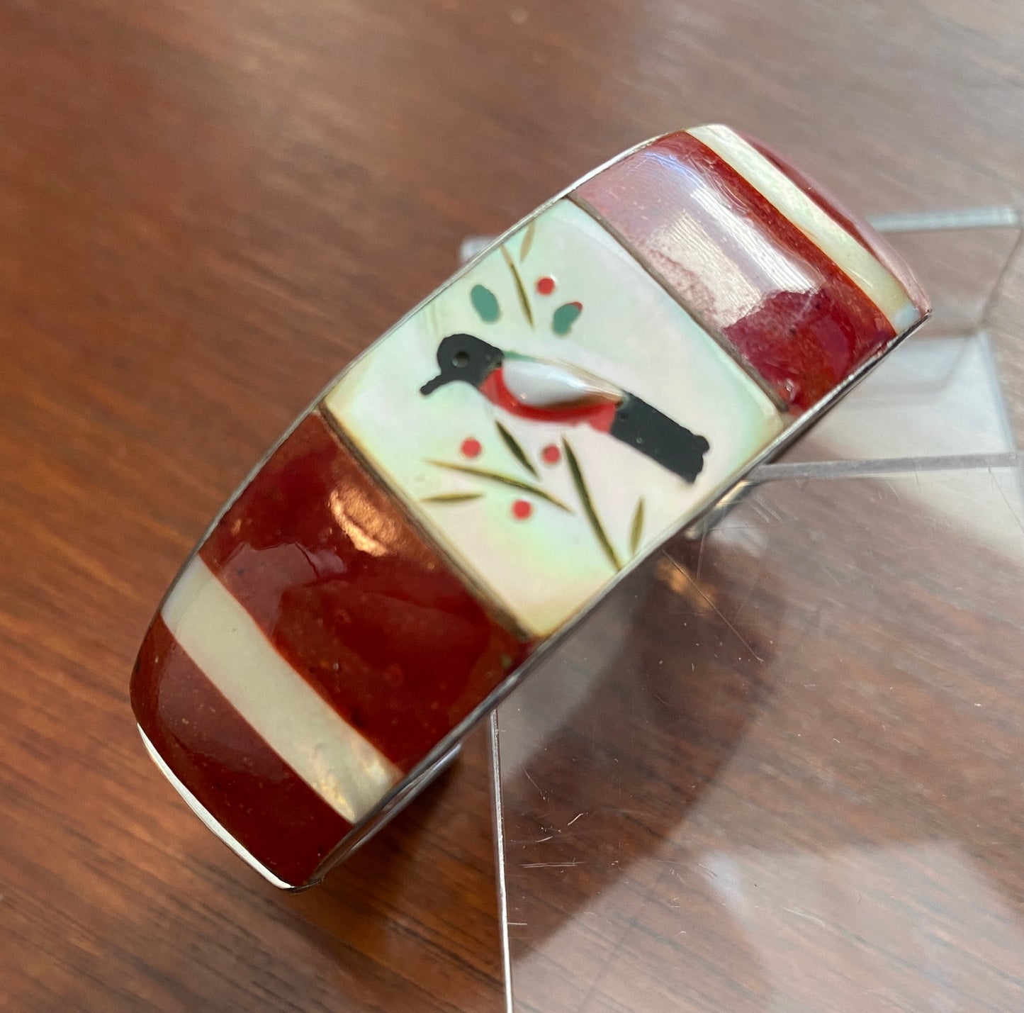 Sterling Silver 925 Red Enamel Mother of Pearl Cardinal Cuff Bracelet