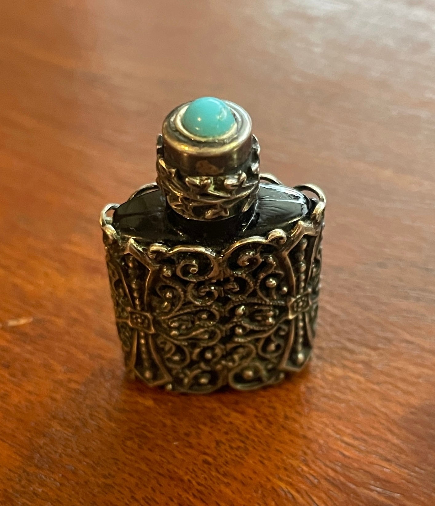 Antique Vintage Silver Overlay Turquoise Filigree Monaco Perfume Bottle Glass