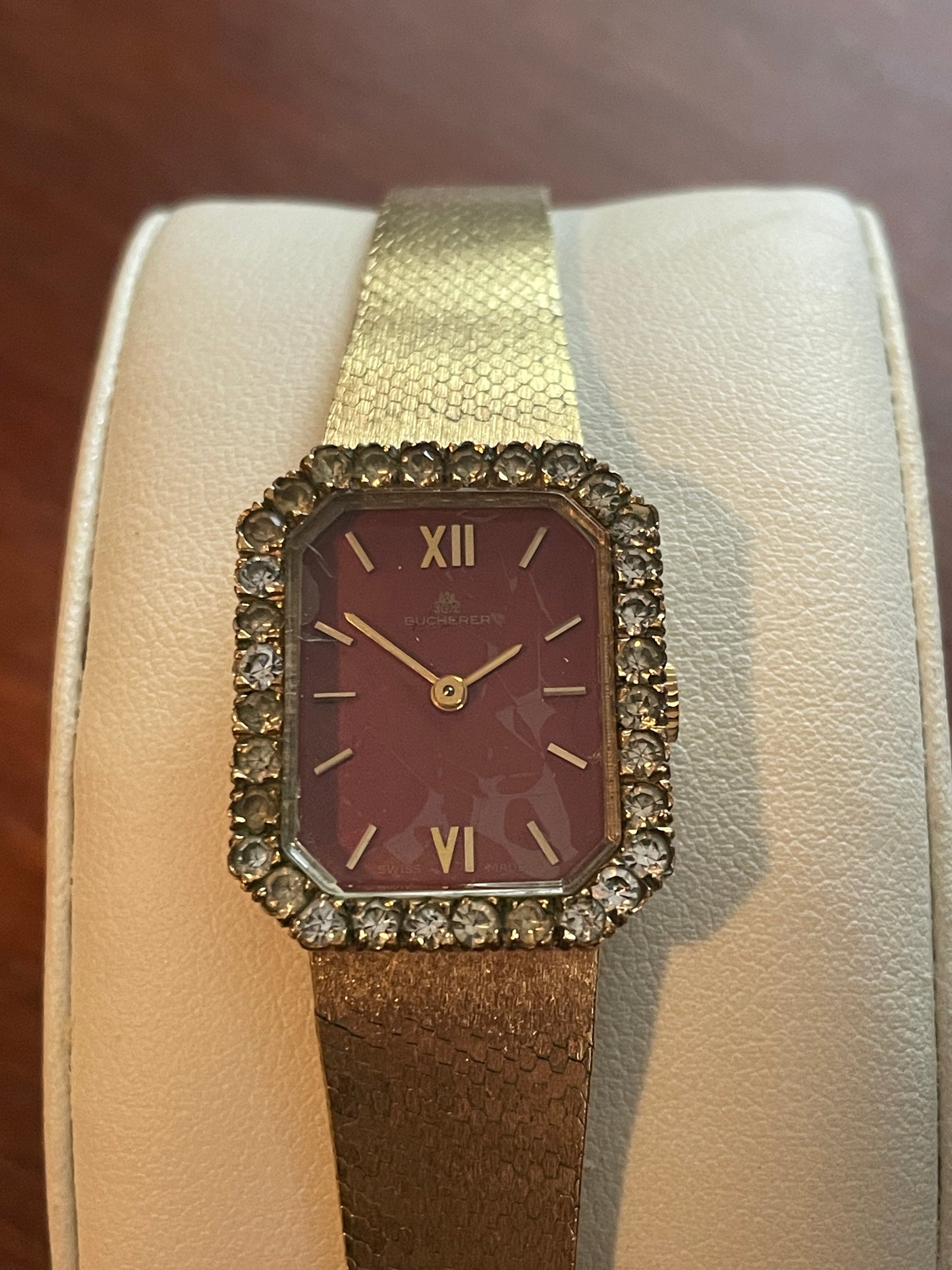 Vintage Women's Bucherer Wristwatch Red Dial Jeweled Bezel Gold Tone