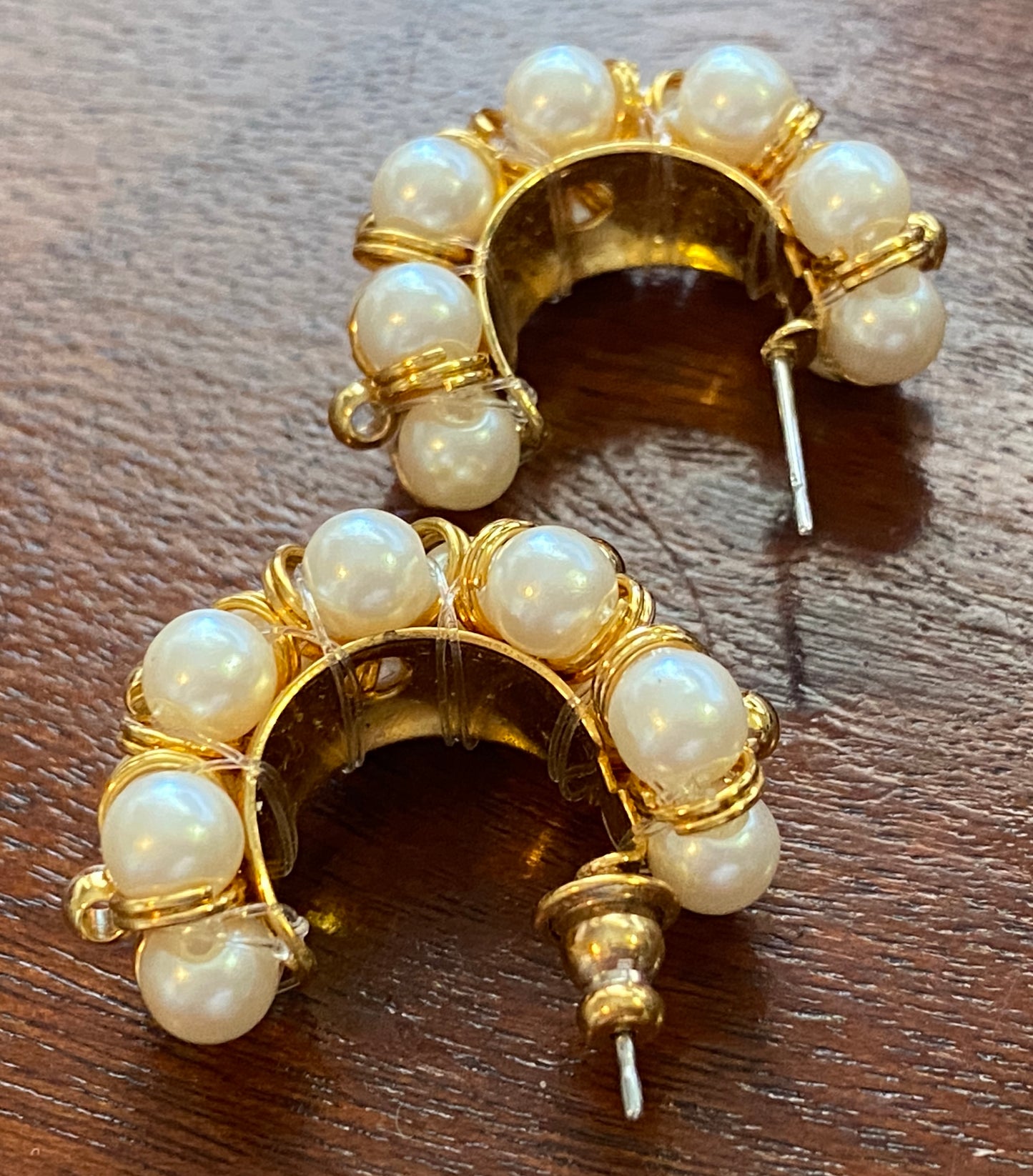 Vintage Gold Tone Faux Pearl Bead Hoop Pierced Earrings