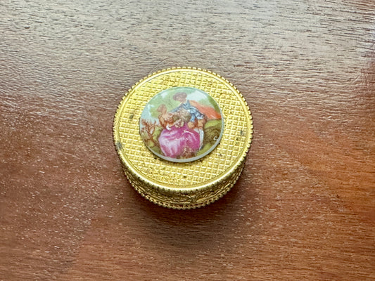 Vintage French Regency Gold Tone Painted Round Trinket Jewelry Box