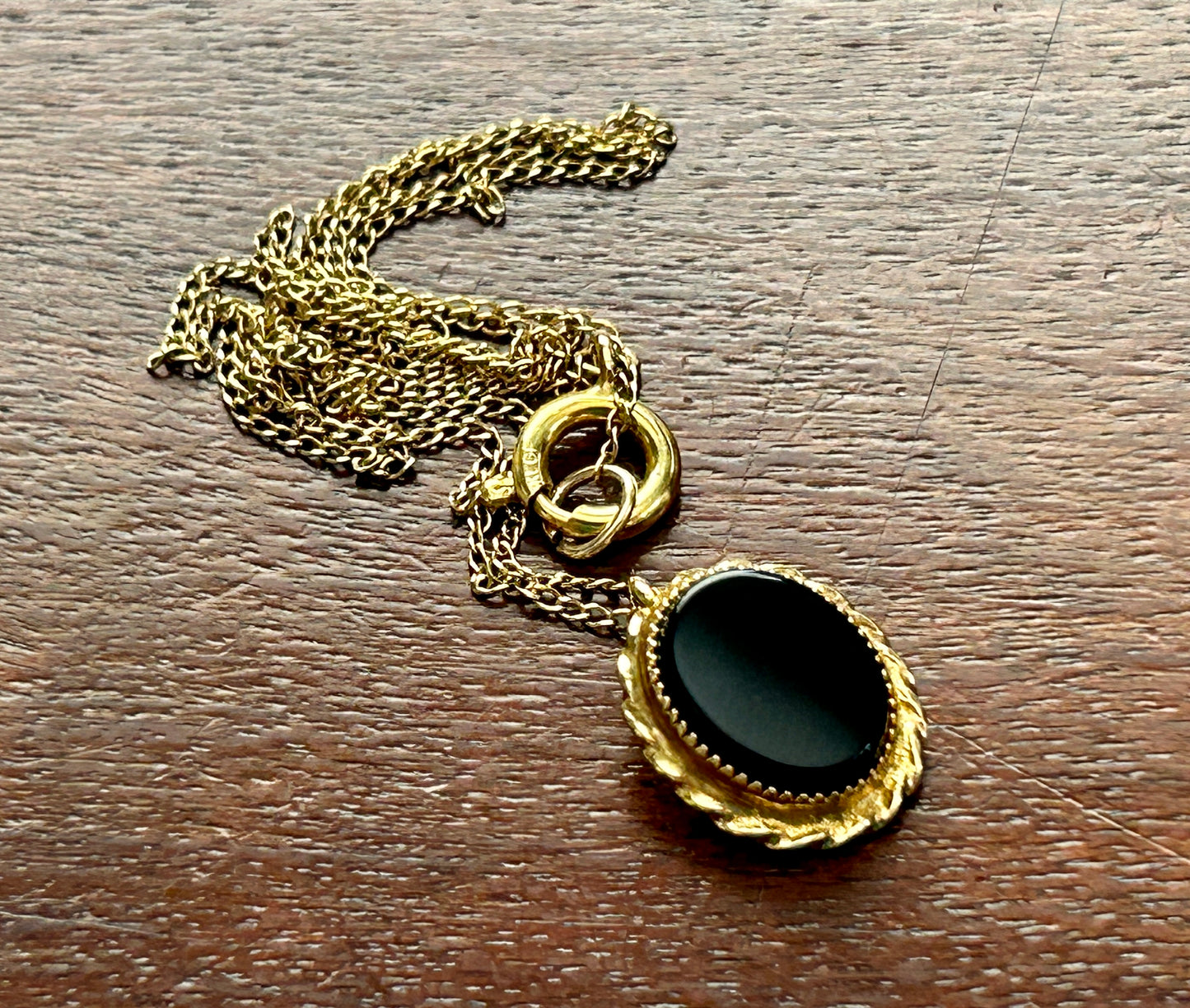 Vintage Signed KL 14k Yellow Gold Filled Chain Onyx Pendant Necklace 16" Long