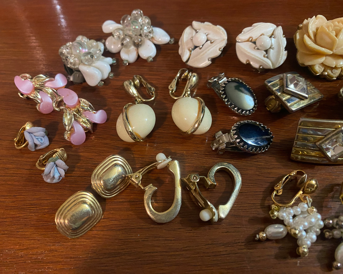 Vintage Clip on Earrings Lot Rose Pearl Porcelain Thermoset Gold Silver