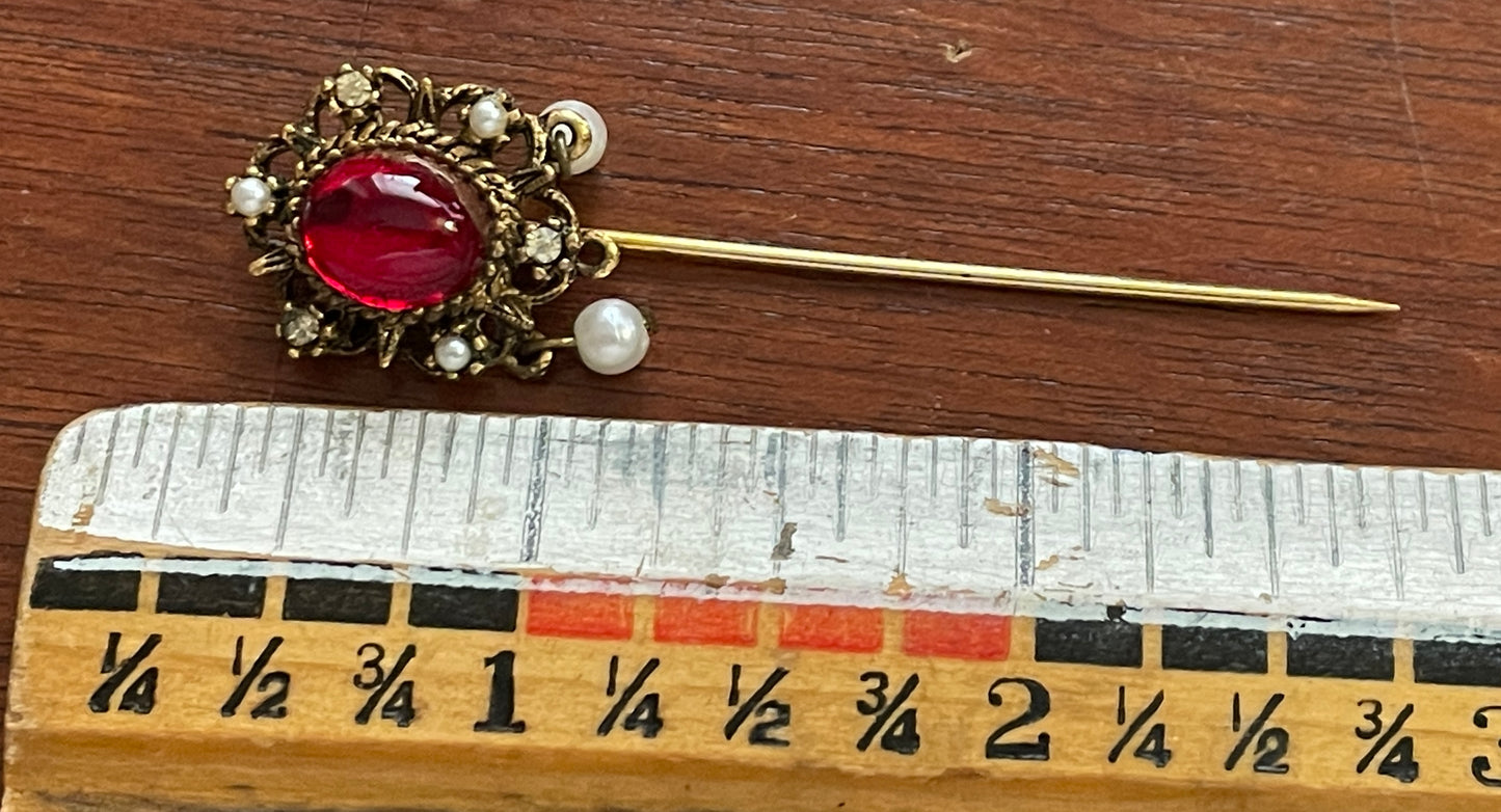 Vintage Gold Tone Hat Pin Red Glass Stone & Faux Pearl