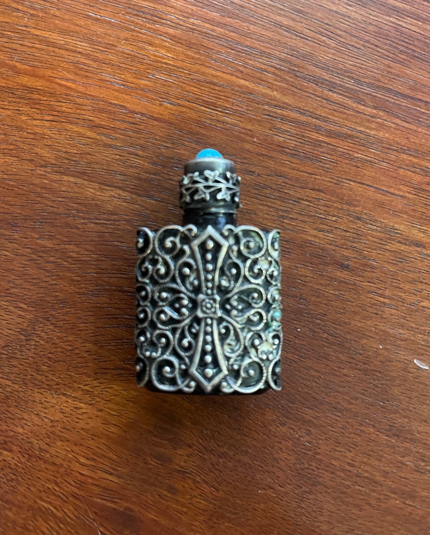 Antique Vintage Silver Overlay Turquoise Filigree Monaco Perfume Bottle Glass