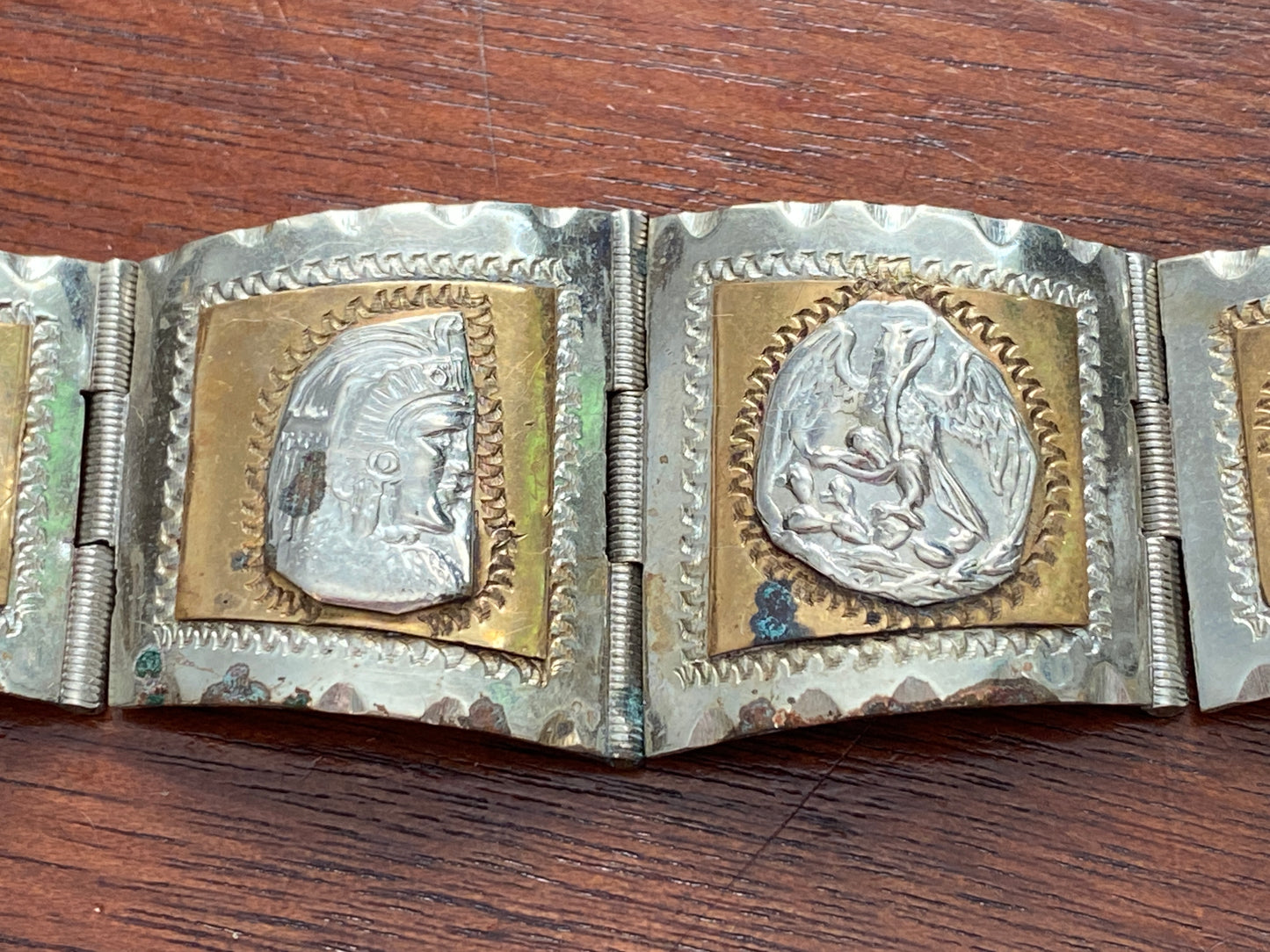 Vintage Taxco Sterling Silver 925 Brass Aztec Panel Bracelet