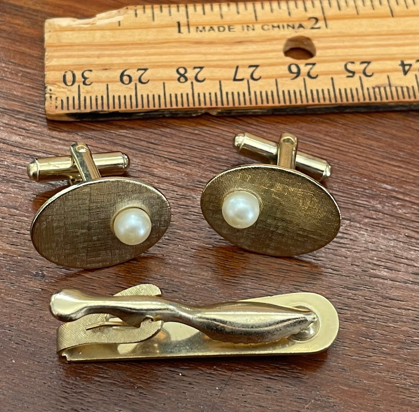 Vintage Gold Tone MCM Midcentury Mens Brushed Gold Tone Cuff Links Tie Clip