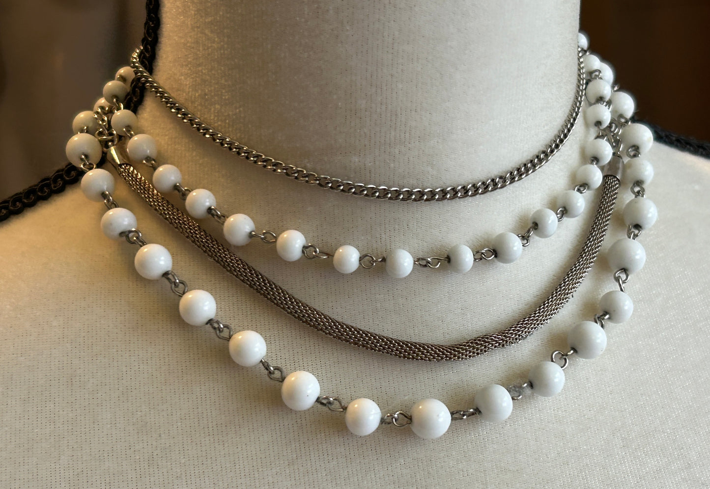 Vintage Silver Tone Milkglass Glass Bead Multistrand Choker Necklace