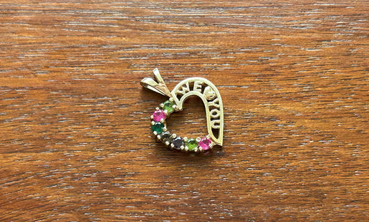 10k Yellow Gold Multicolored Gemstone Heart "We Love you" Necklace Pendant