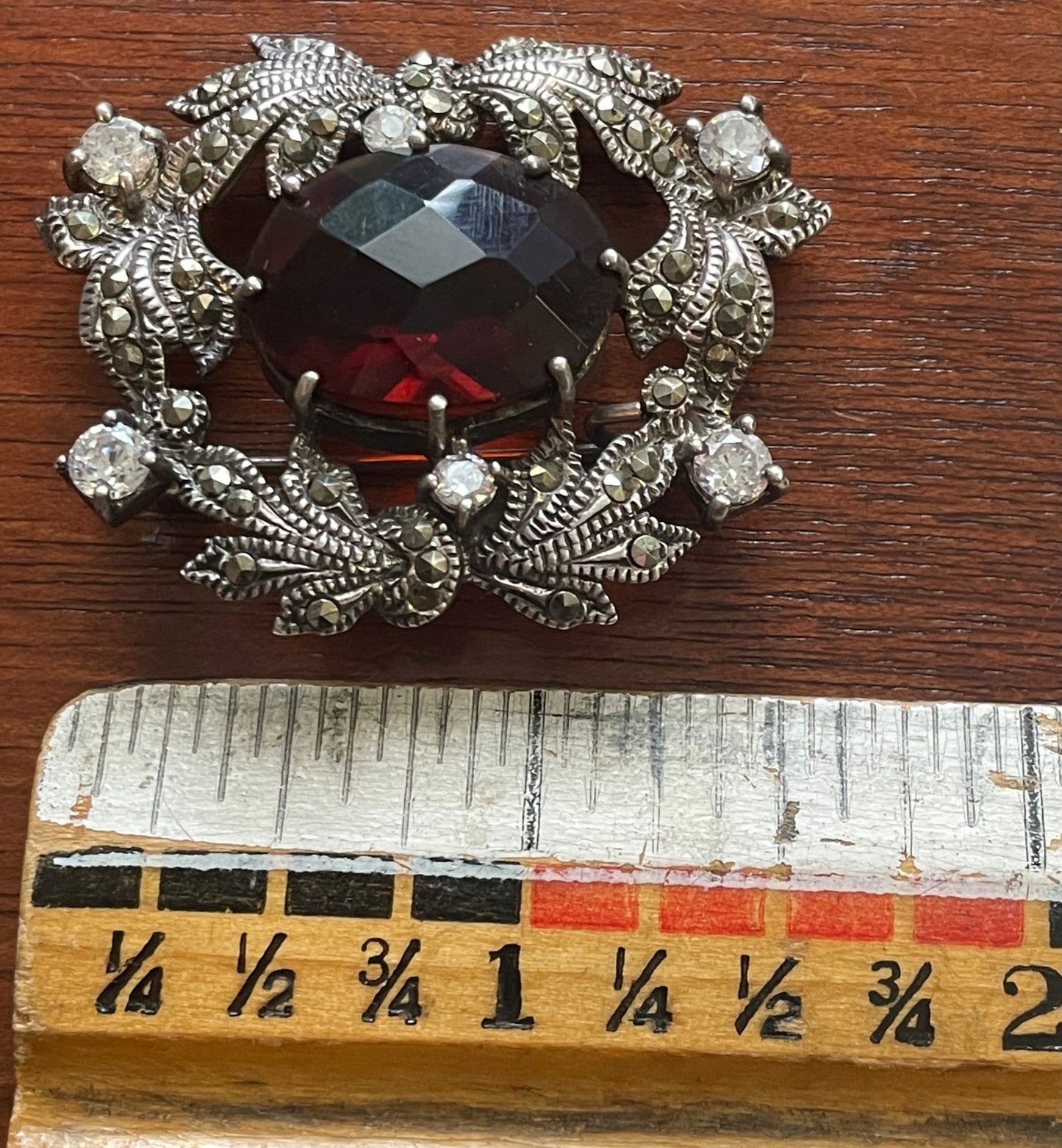 Sterling Silver 925 Marcasite Red Faceted Rhinestone Brooch Pin