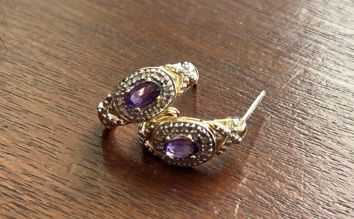 Gold Vermeil over Sterling Silver 925 Hoop Earrings Amethyst Diamond Accent