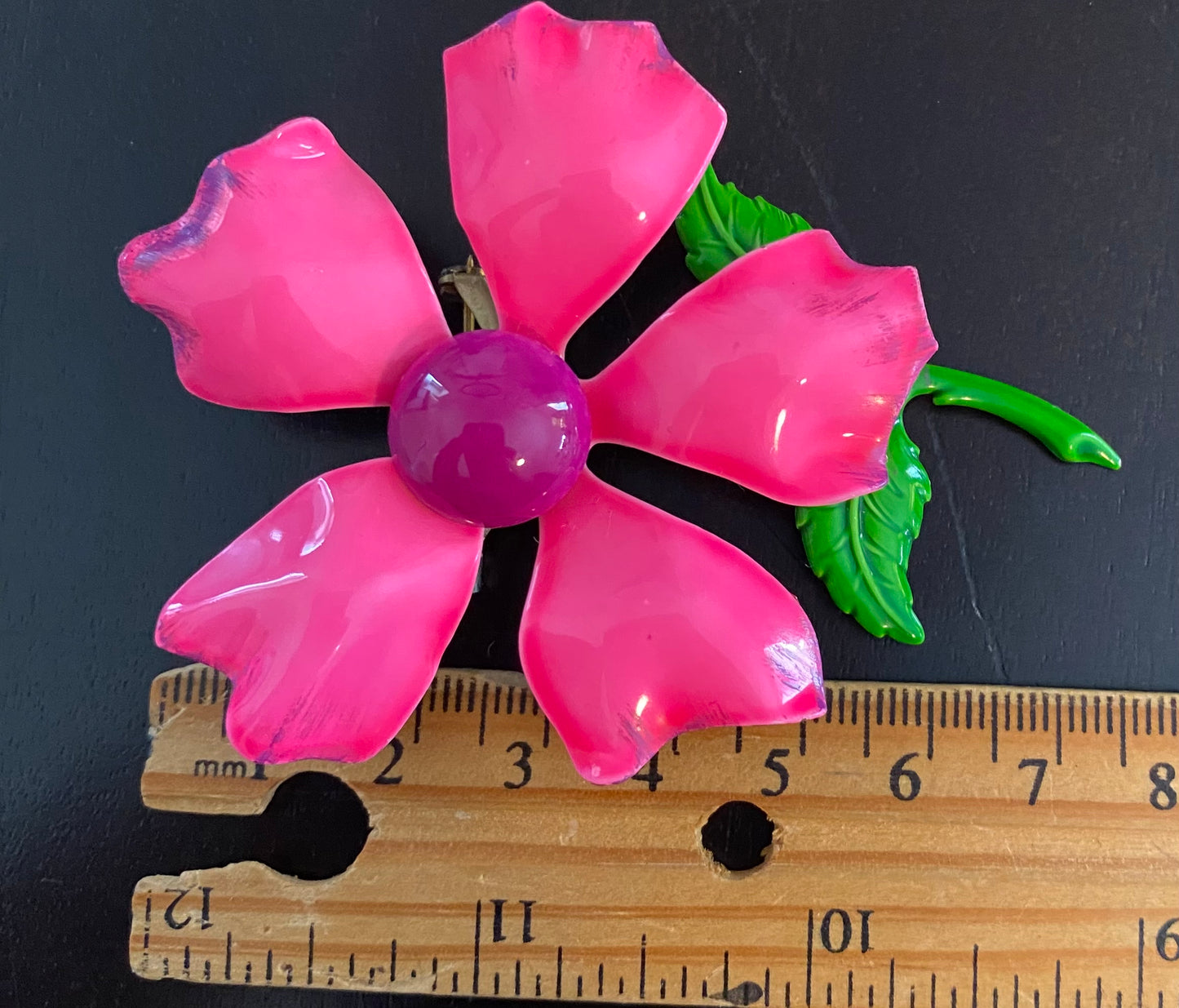 Vintage Metal Enamel Bright Flower Pink Green Brooch Pin