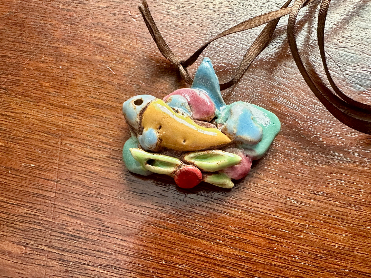 Vintage Glazed Ceramic Art Pierced Pendant Pastel Fish Necklace Pendant