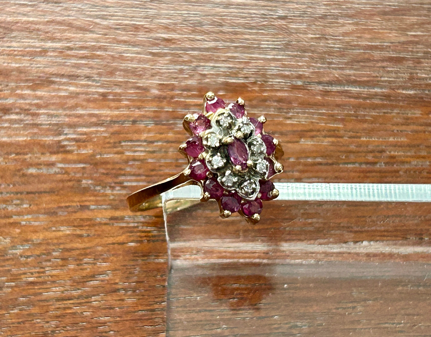 10k Yellow Gold Ruby Diamond Cluster Cocktail Ring Signed INT Sz 7.25