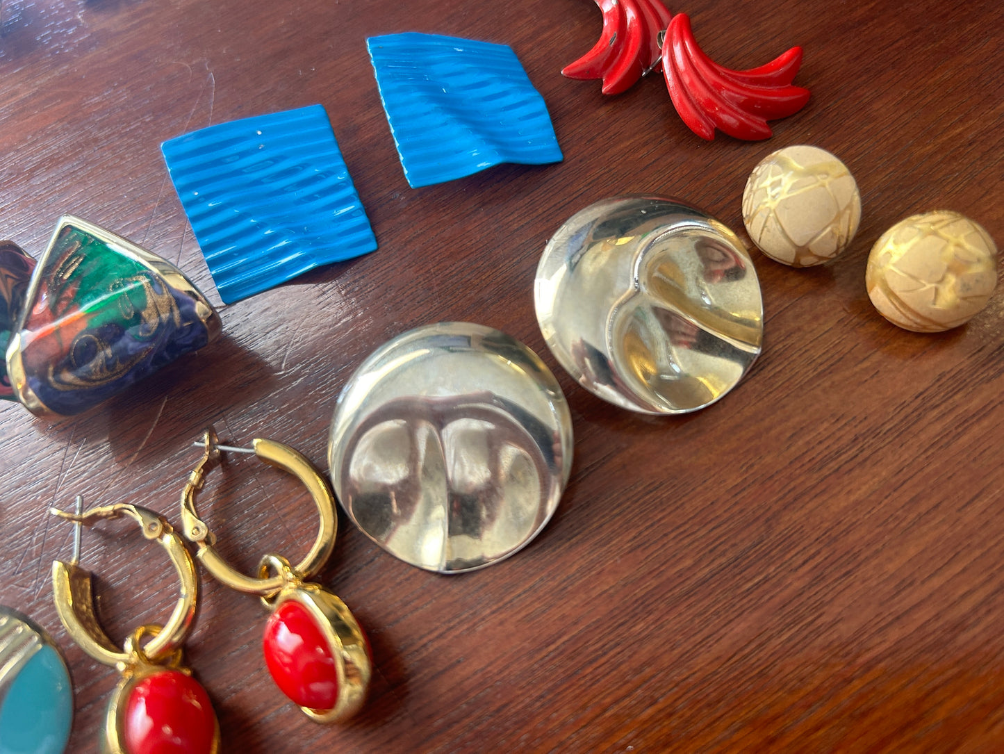 Vintage 80's Pierced Earrings Lot Enamel Swirl Bright Colors Dangly Doorknockers