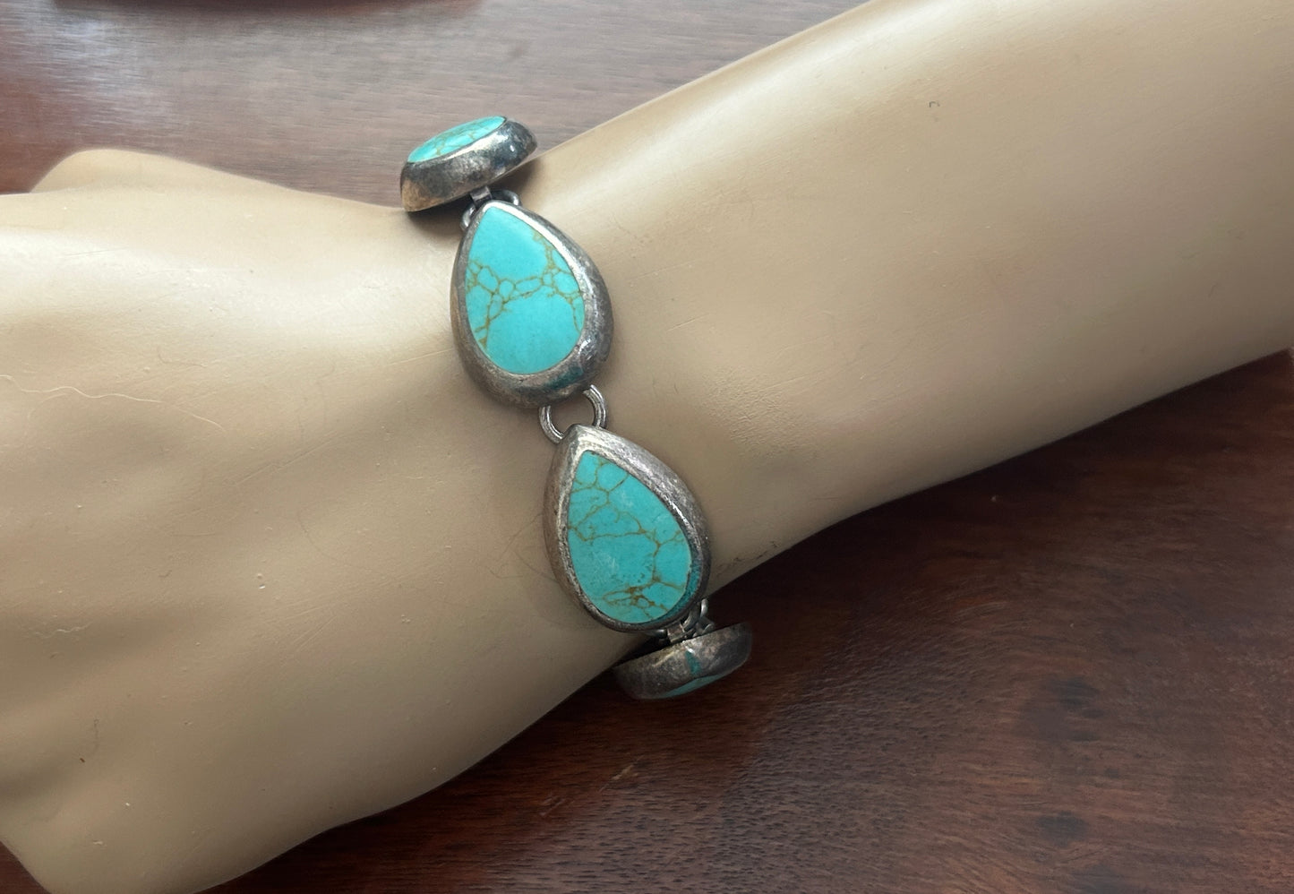 Sterling Silver 925 Pear Tear Drop Shaped Turquoise Toggle Bracelet Earrings Set