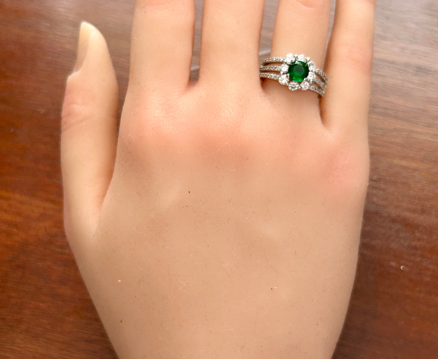 Sterling Silver 925 CZ Green White Faux Emerald Cluster Ring Sz 6.75