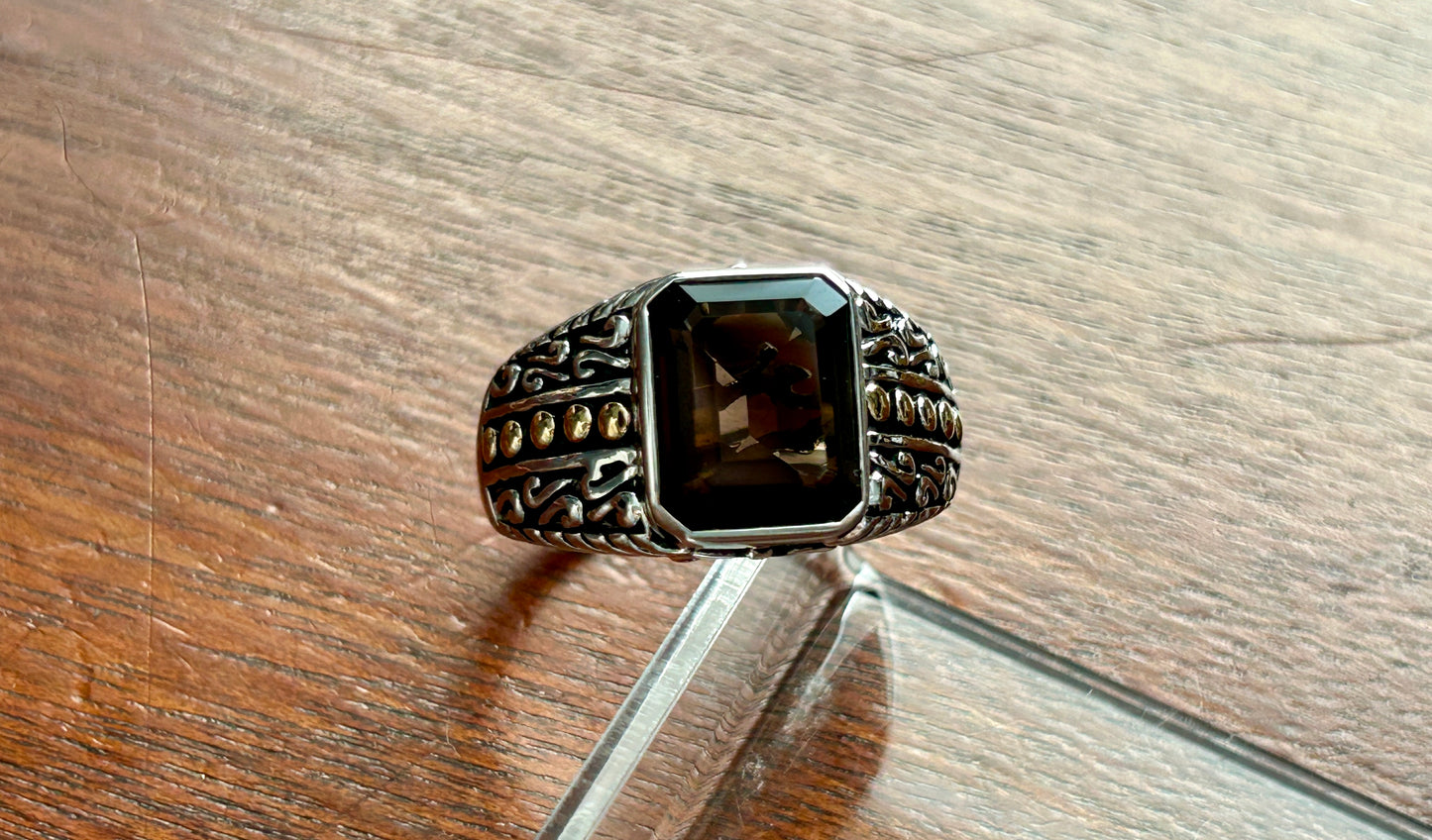 Signed Effy Sterling Silver 925 18k Yellow Gold Smoky Emerald Cut Quartz Ring