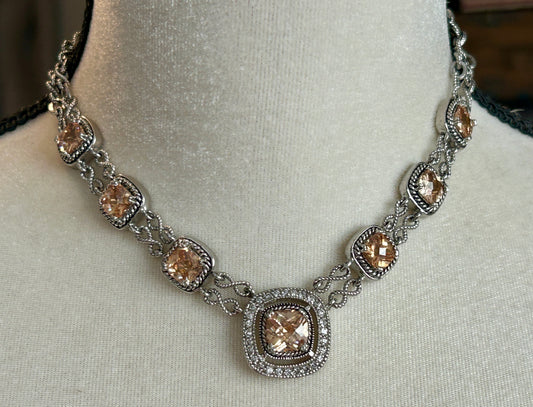 Silver Tone Chain Link Necklace Large Faceted Champagne Rhinestone Necklace