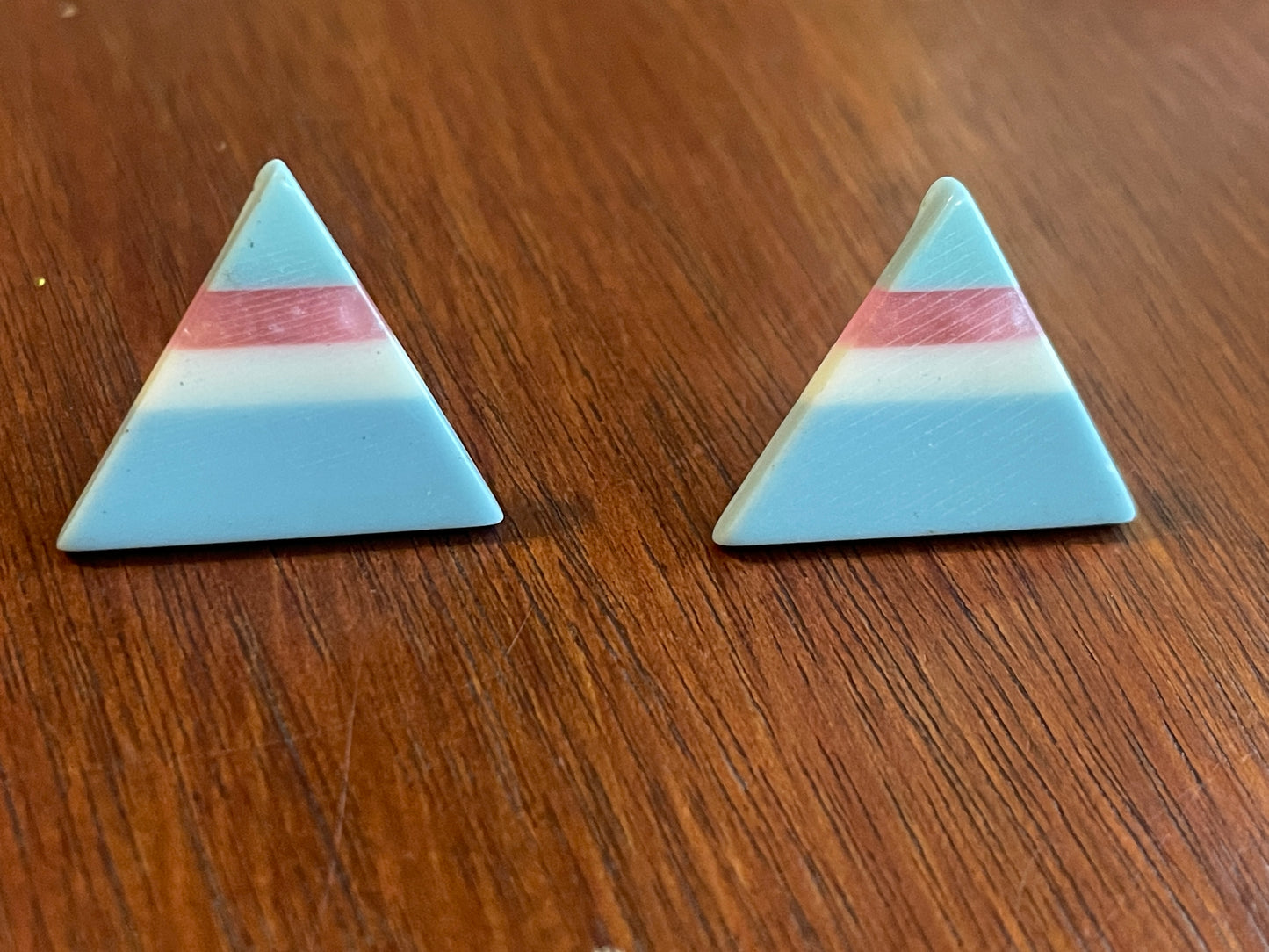 Vintage 80's Acrylic Color Blocked Triangular Earrings Blue Pink & White