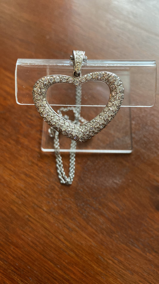 Sterling Sliver 925 Rhinestone Heart 20" Rolo Chain Pendant Necklace