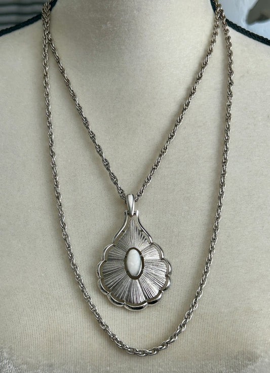 Vintage Crown Trifari Signed Silver Tone Double Strand Chain Pendant Necklace