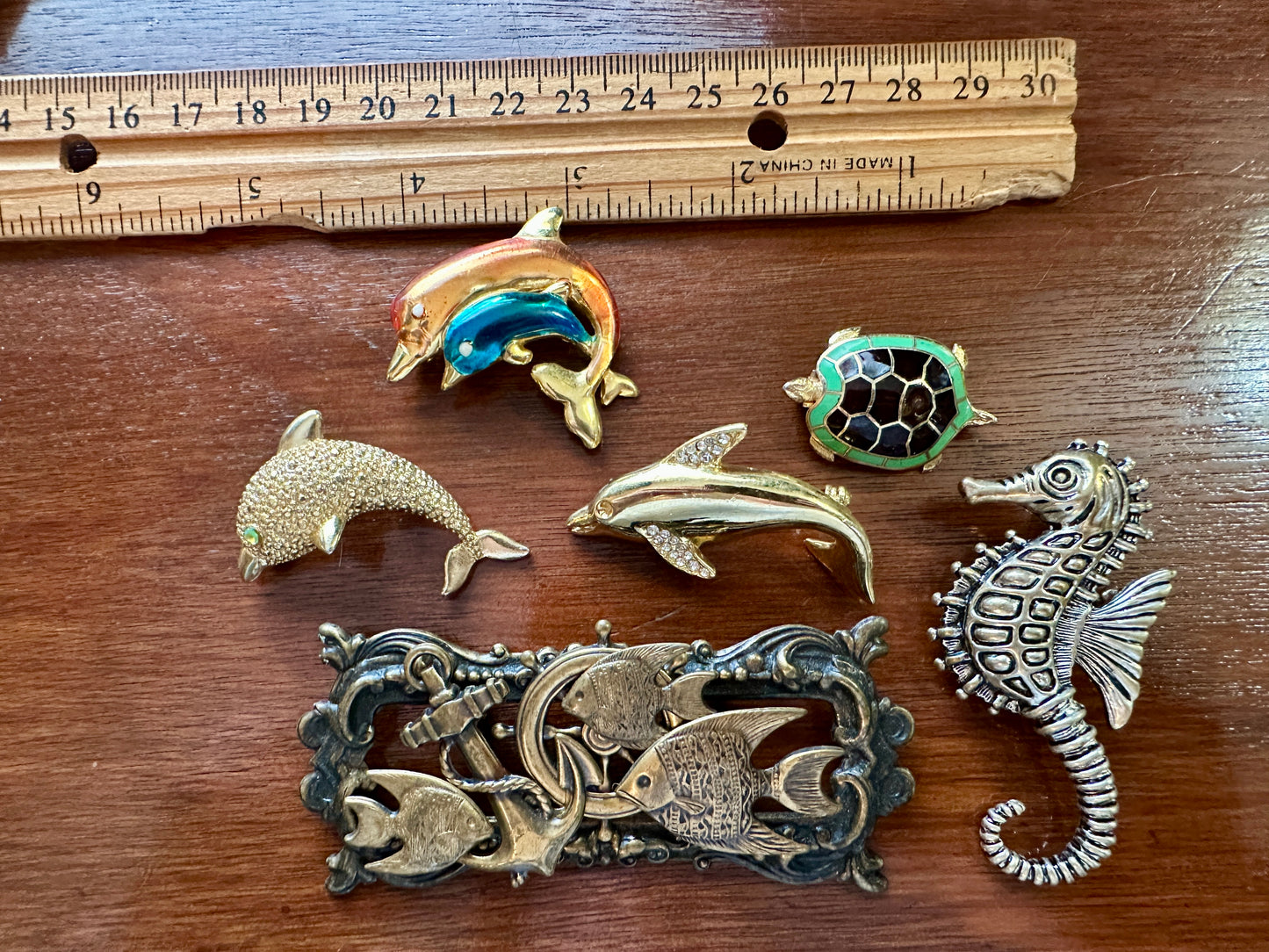 Vintage to Now Ocean Theme Brooch Pin Lot Dolphins Whale Turtle Seahorse Enamel