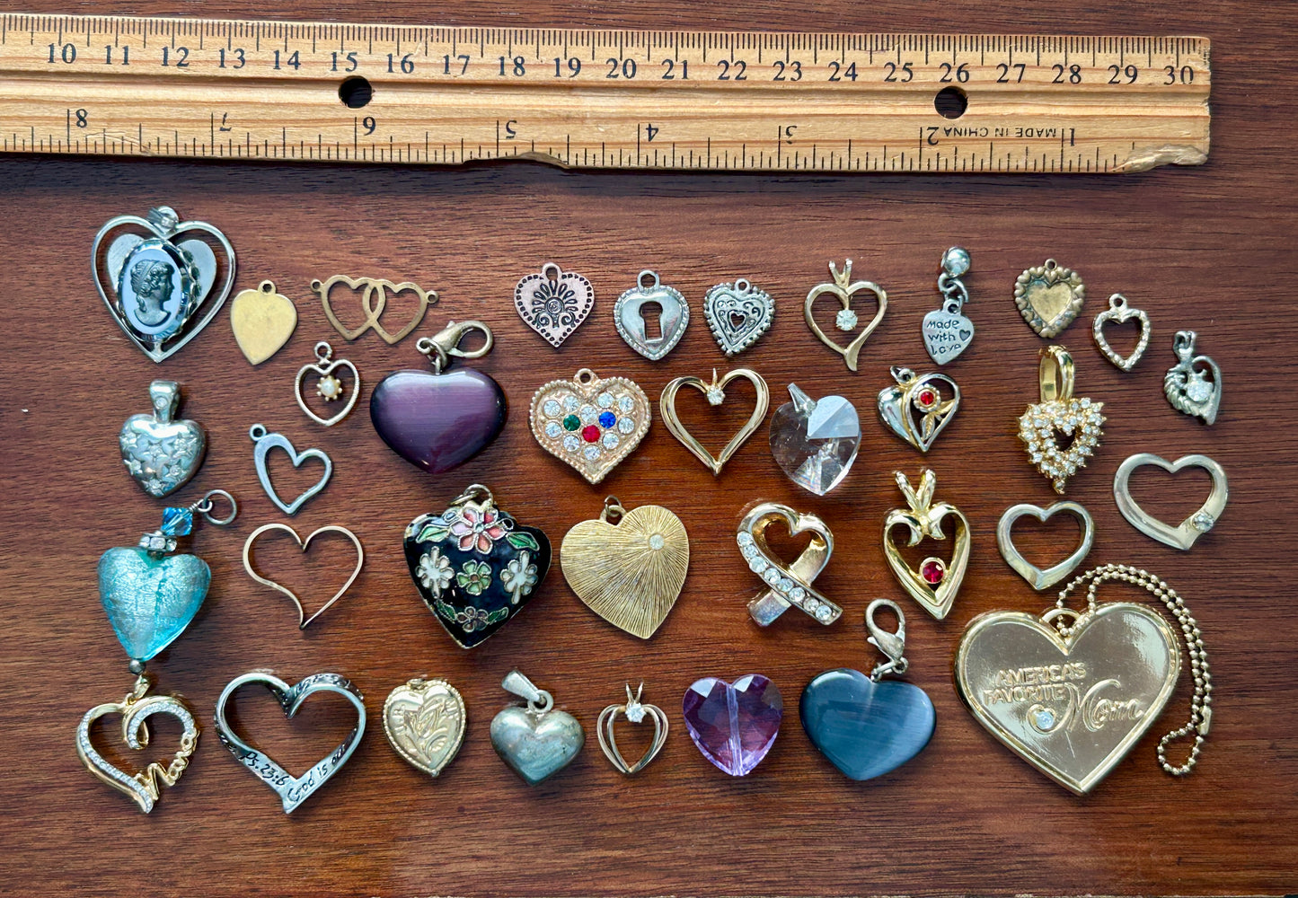 Vintage to Now Heart Shaped Pendant Charms Lot Gold Rhinestone Glass Puffy