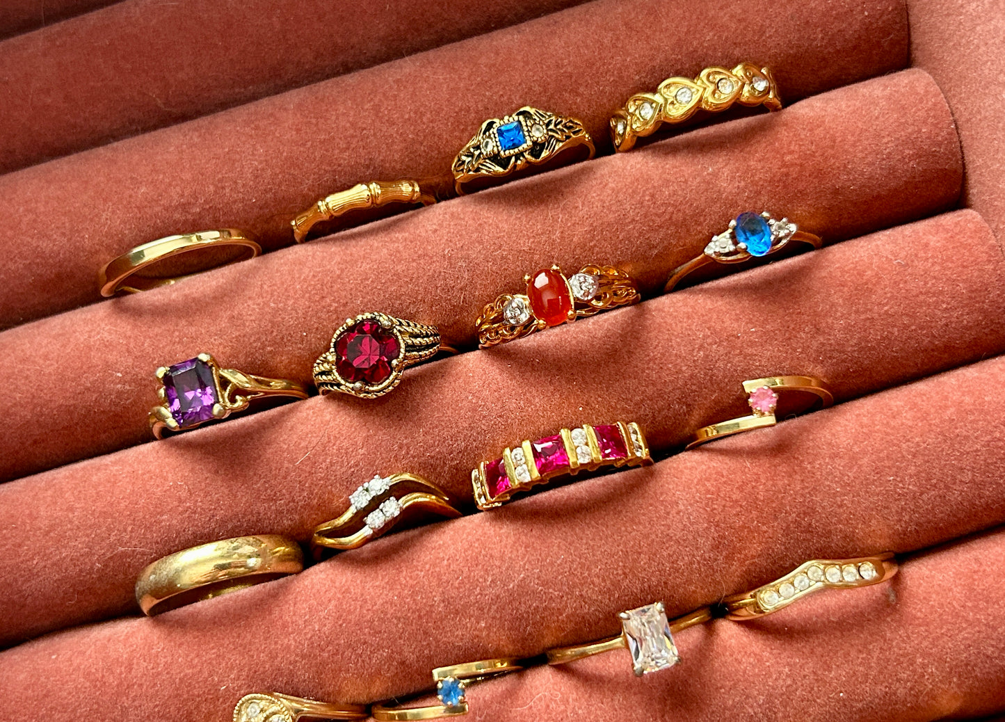 Vintage to Now Ring Lot Cocktail Avon Rhinestone Gold Tone Bands Rings CZ Heart