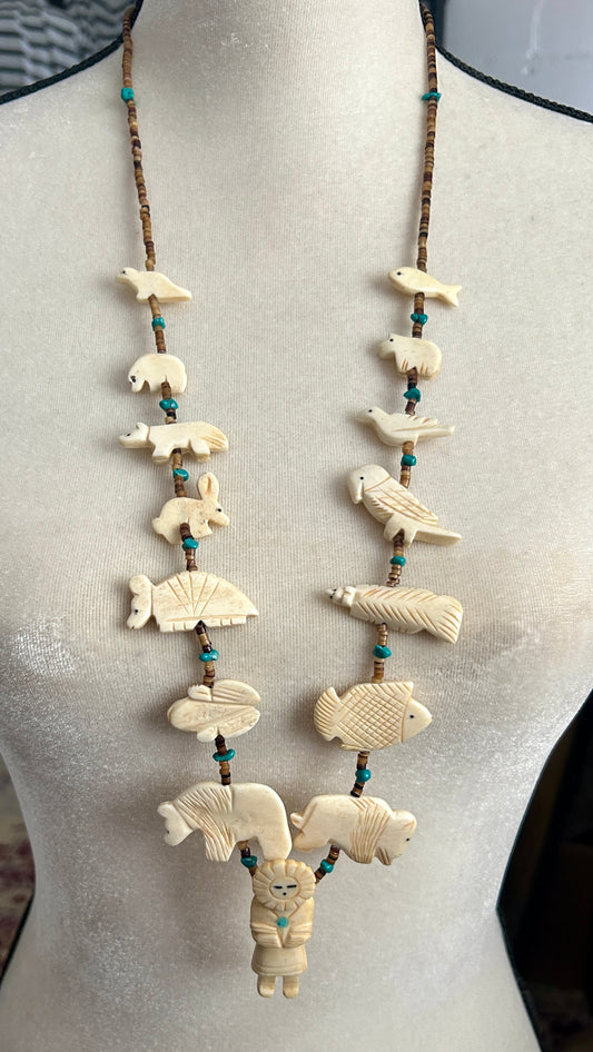 Silver Tone Turquoise Heishi Carved Animal Style Fetish Necklace