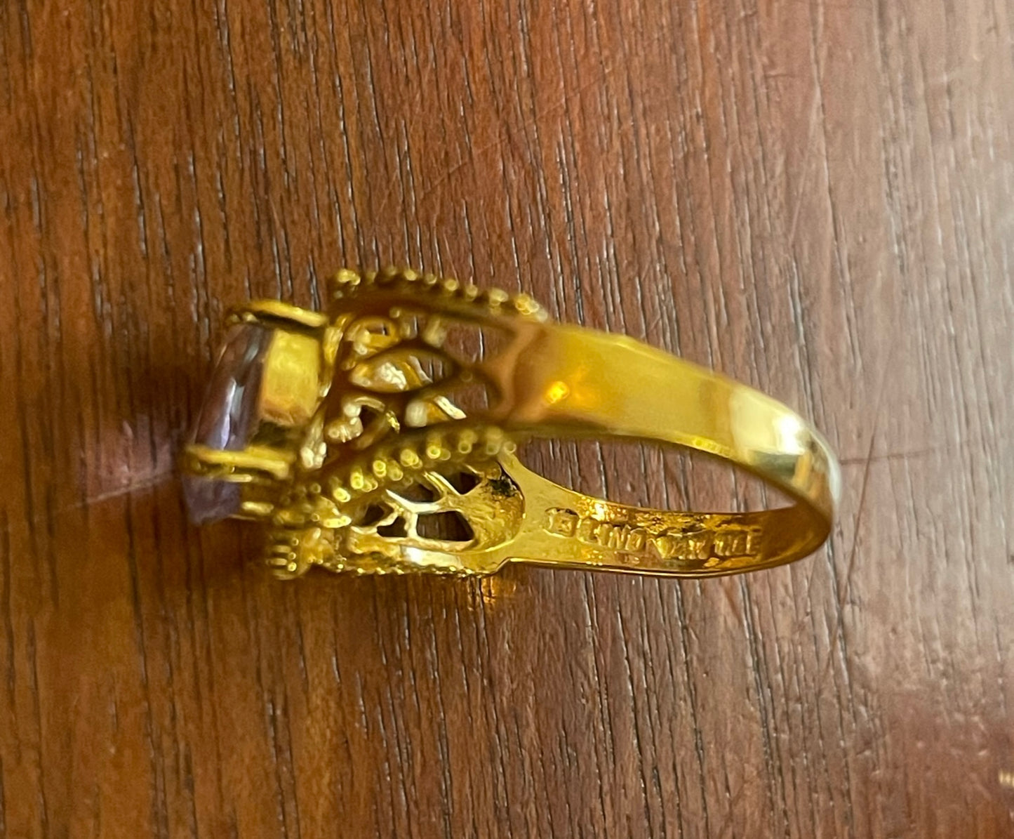 Designer LIND 14k Yellow Gold HGE Amethyst Filigree Ring Sz 6.75
