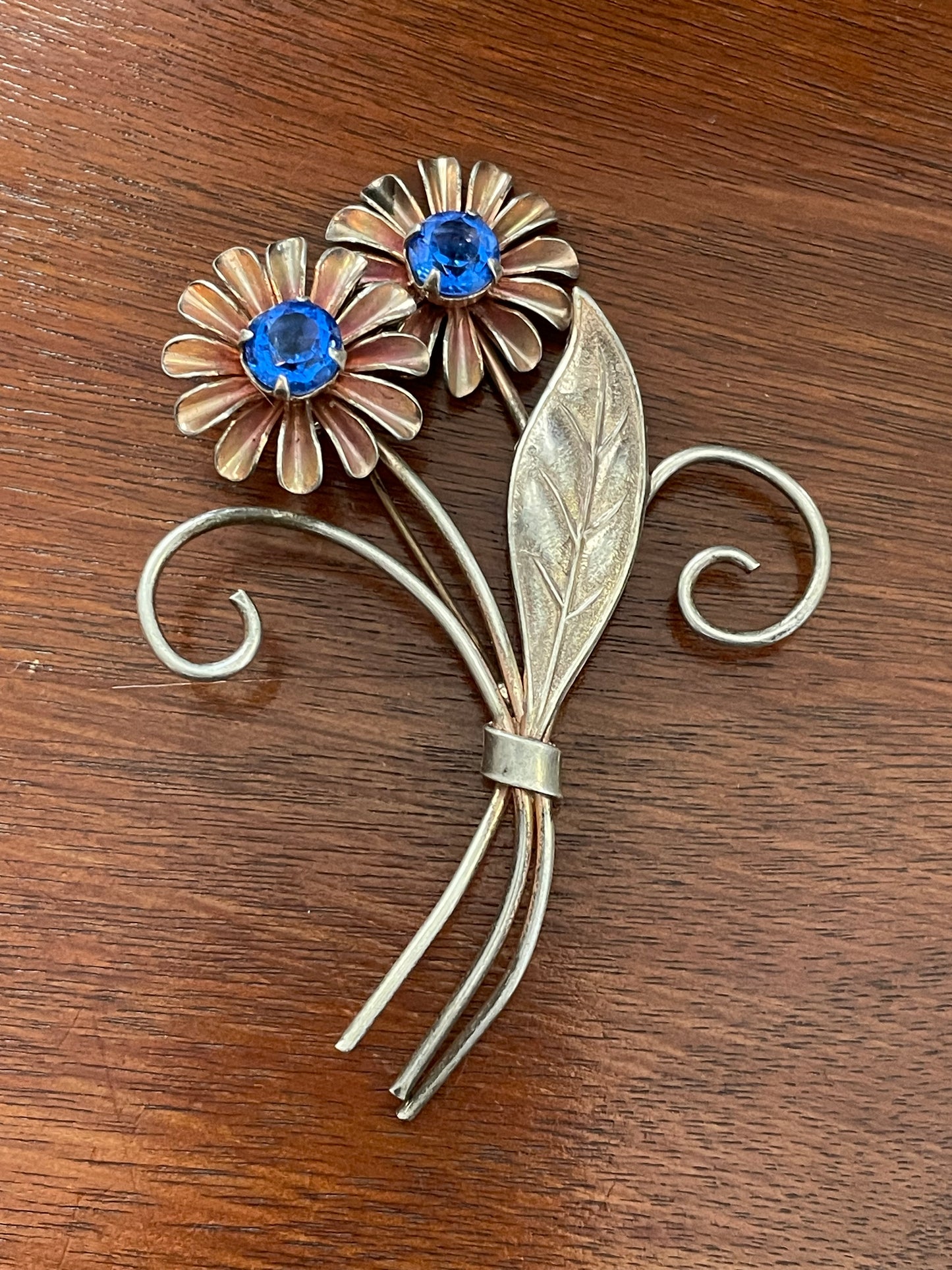 Vintage Sterling Silver 925 Blue Stone Flower Bouquet Brooch Pin