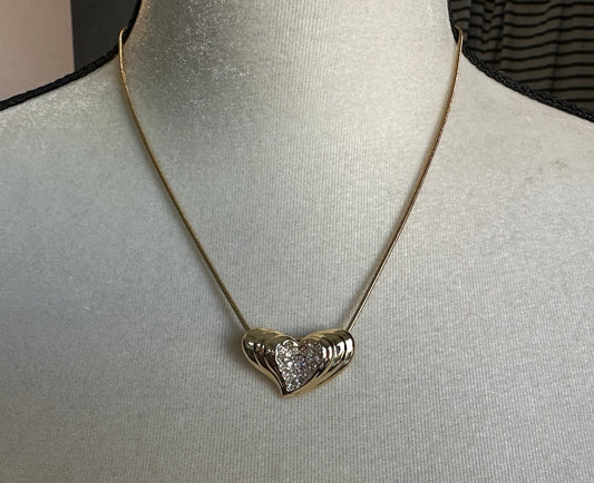 Vintage Gold Tone Snake Chain Slide Rhinestone Heart Pendant Necklace