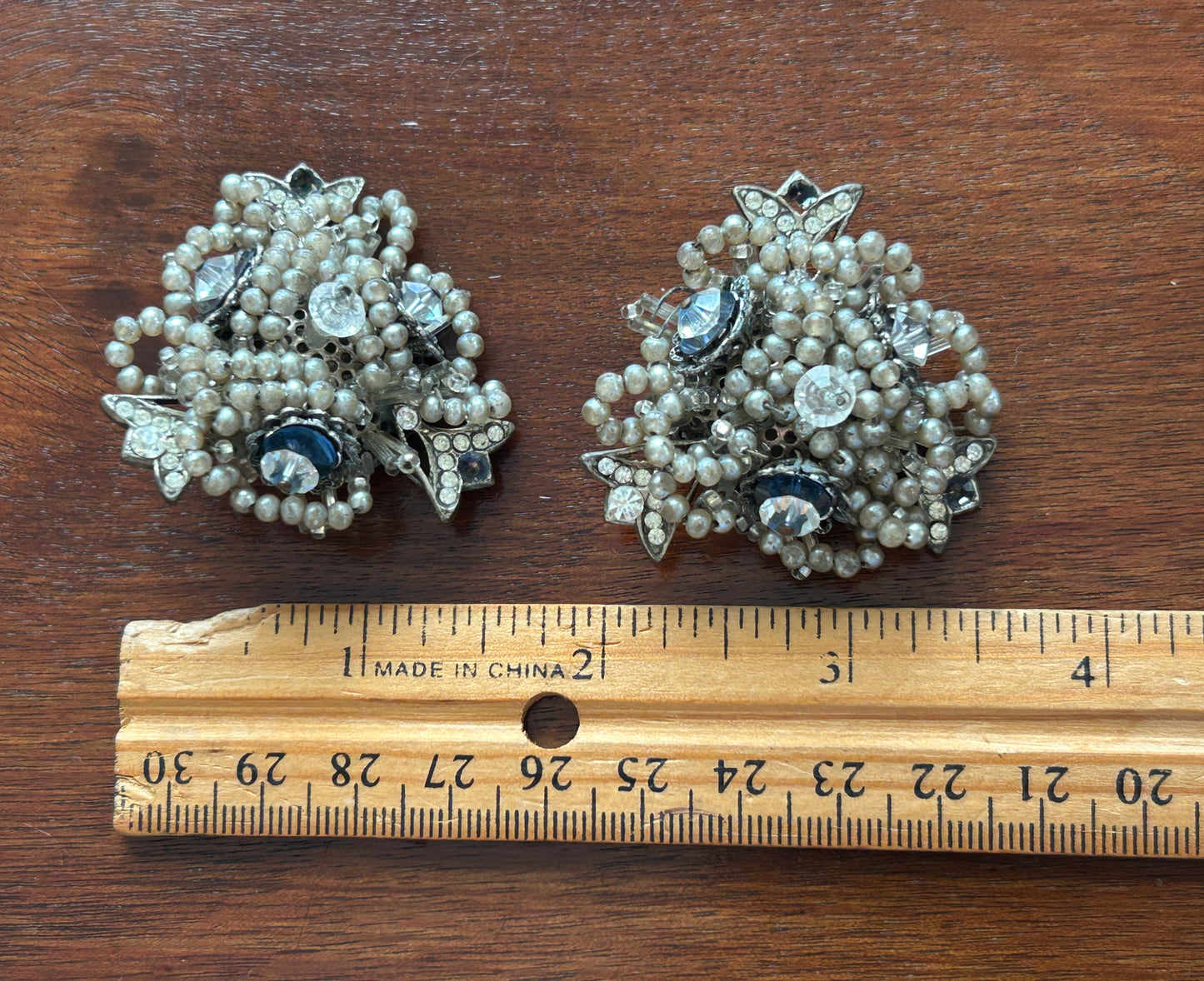 Vintage Rhinestone Beaded Silver Grey Over Sized Clip On Earrings