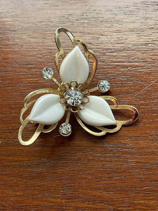 Vintage White Lucite Rhinestone Gold Tone Floral Brooch Lapel Pin