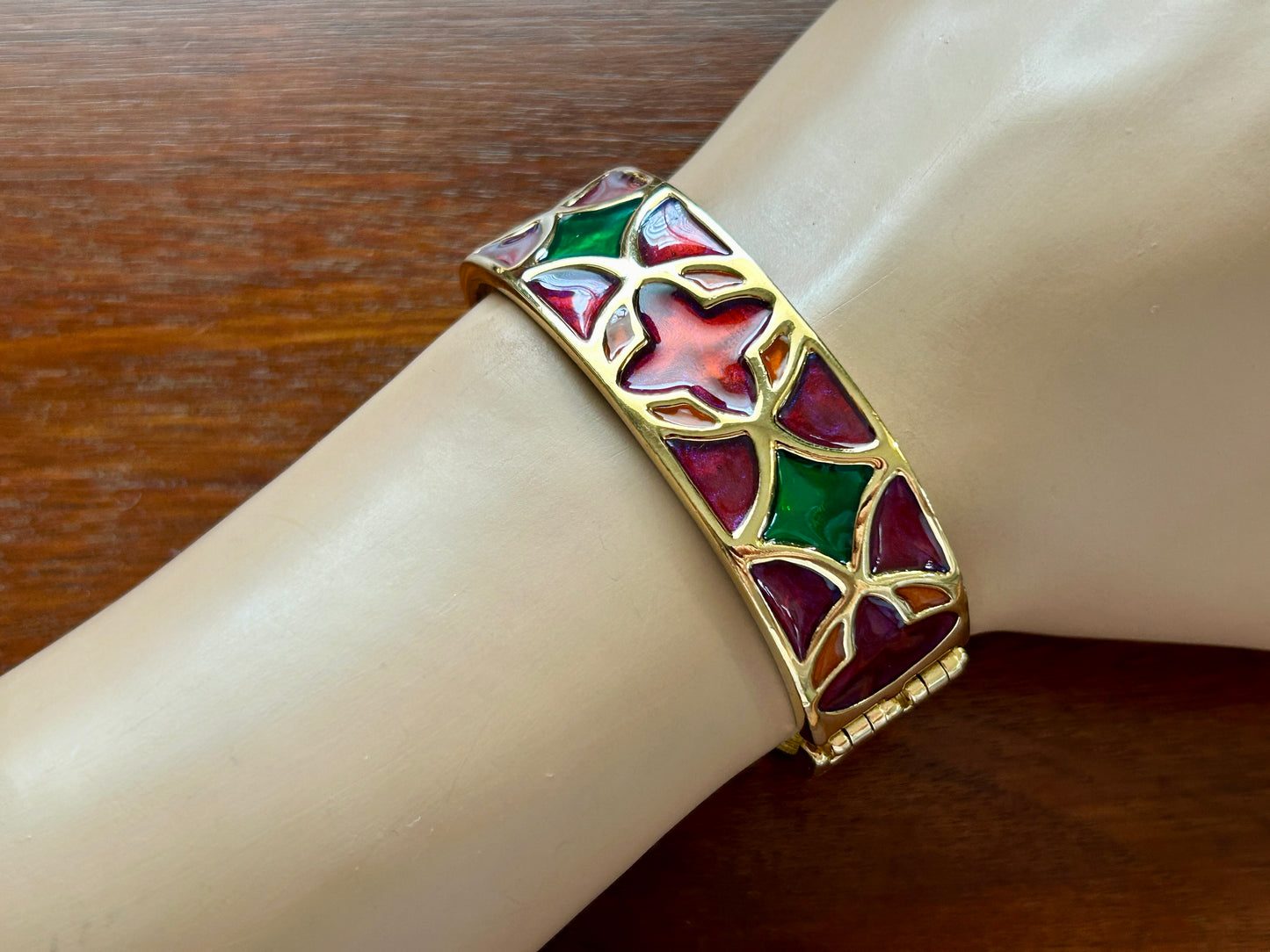 Vintage Signed Givenchy Gold Enamel Stained Glass Clamper Bracelet Red Green