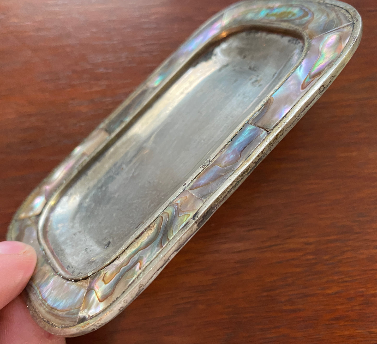 Vintage Silver Tone Metal Abalone Inlay Trinket Jewelry Tray