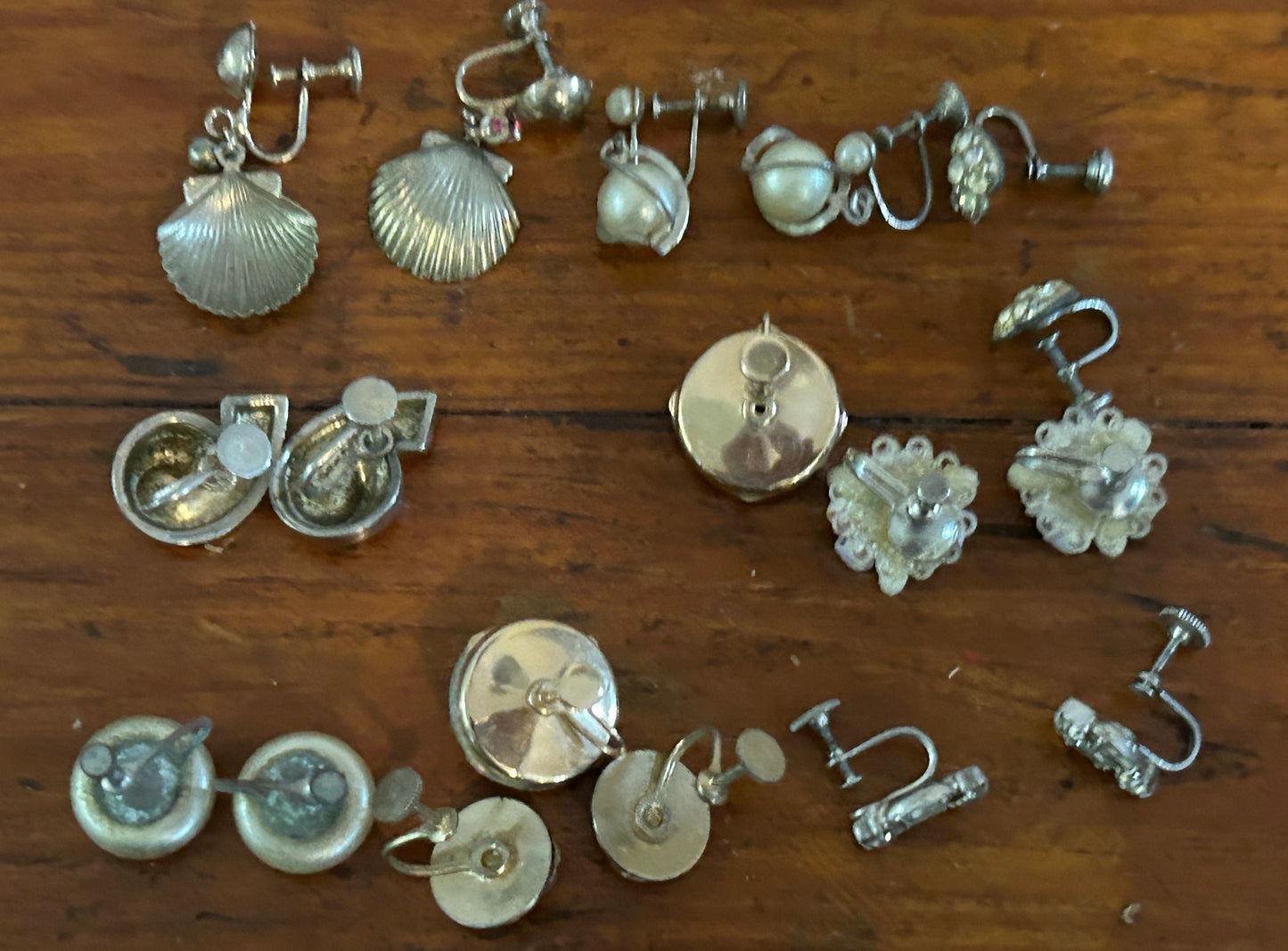 Vintage Screwback Earring Lot Shell Rhinestones Silver Gold Faux Pearl