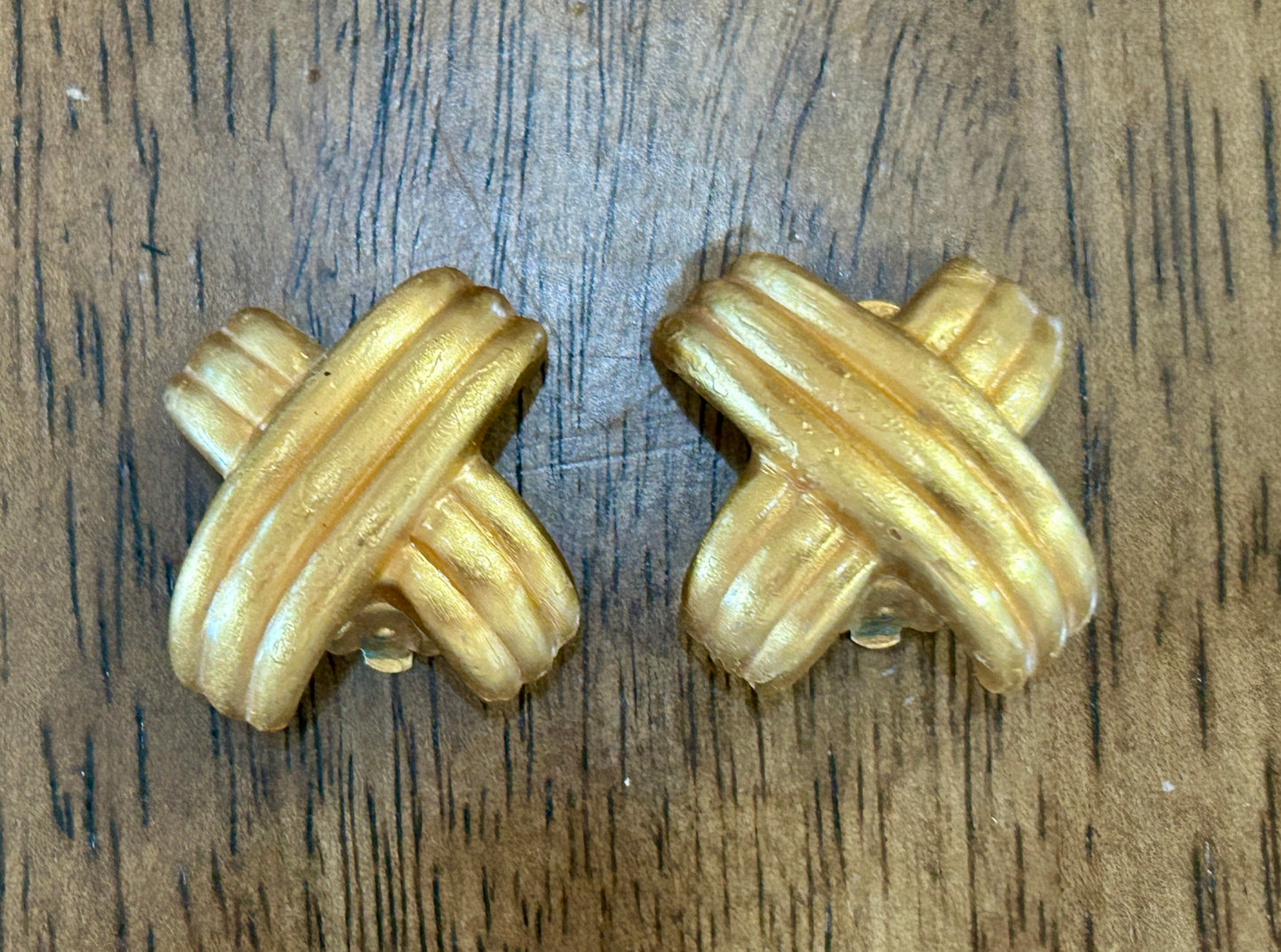 Vintage Large Matte Brushed Gold Tone X Pattern Clip On Earrings