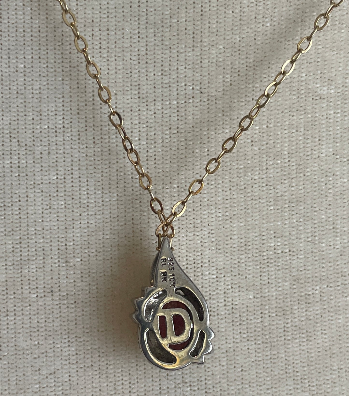 Vintage 10k Sterling Silver 925 Red Stone Diamond Accent Pendant Chain Necklace