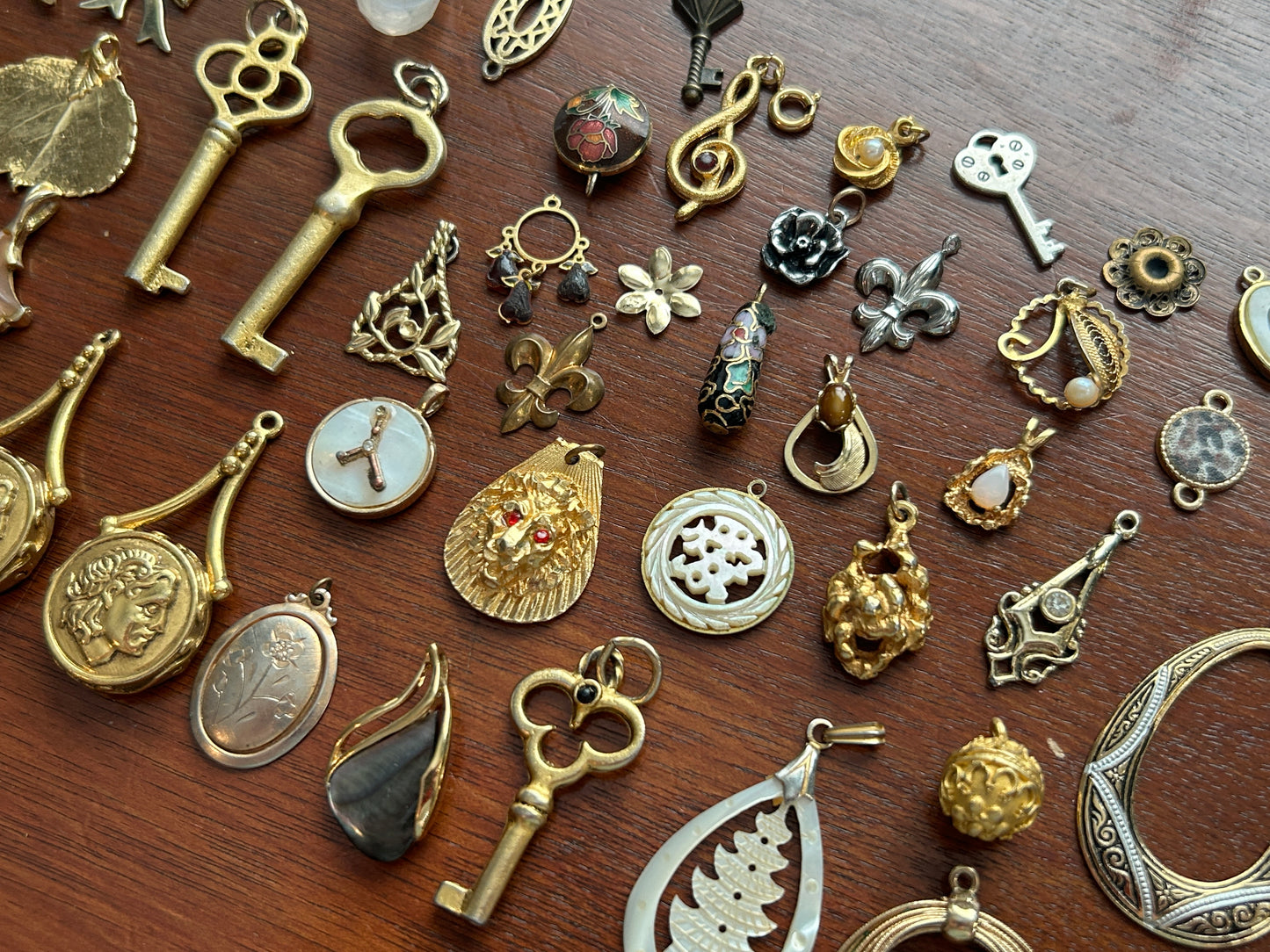 Vintage to Now Charm Pendant Lot Skeleton Key Cloissone MOP Crystal Thermoset