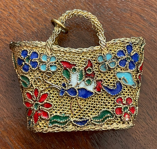 Vintage Gold Tone Mesh Cloisonne Enamel Basket Purse Pendant