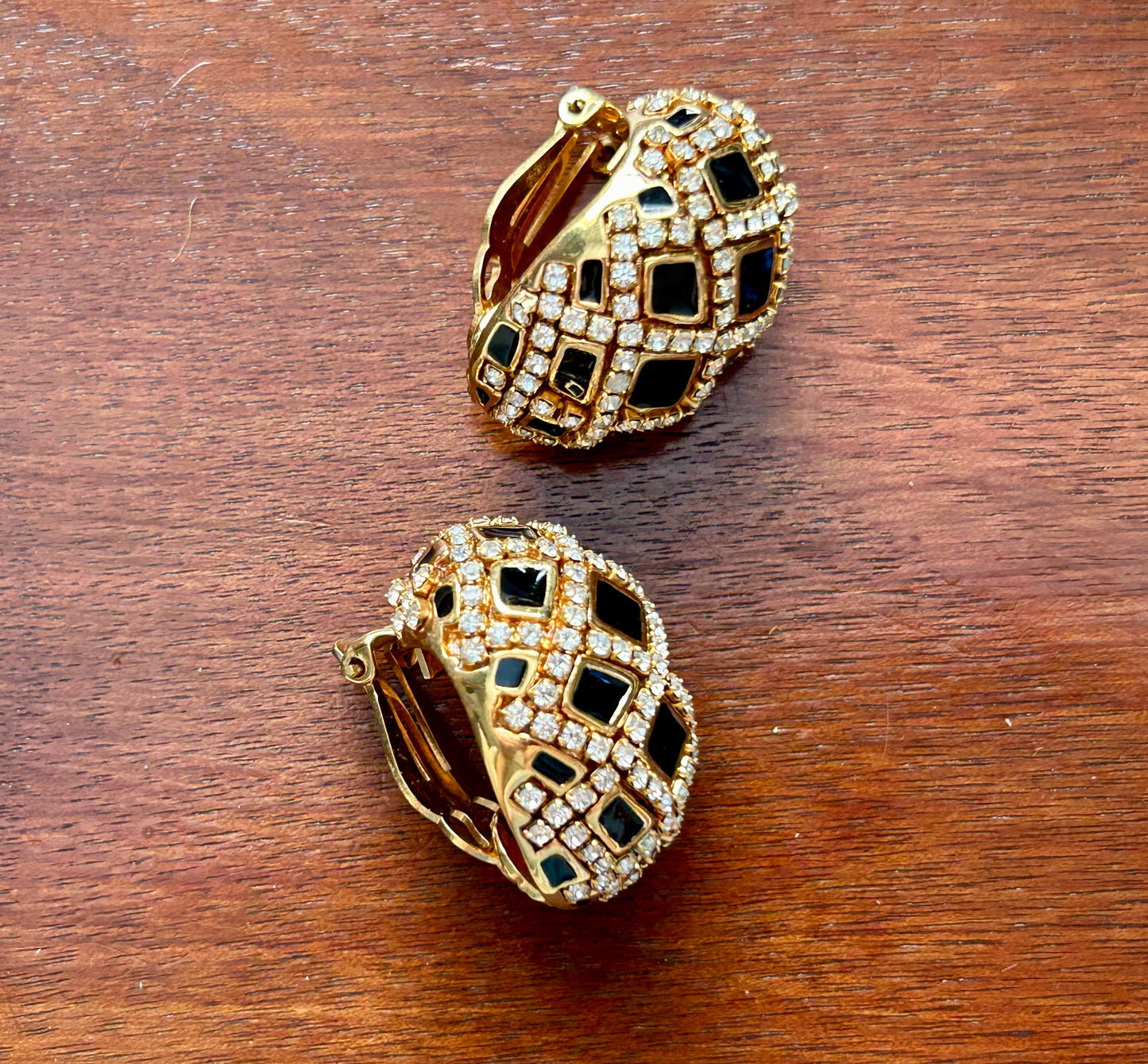 Vintage St John Bombe Gold Black Enamel Rhinestone Jeweled Clip On Earrings