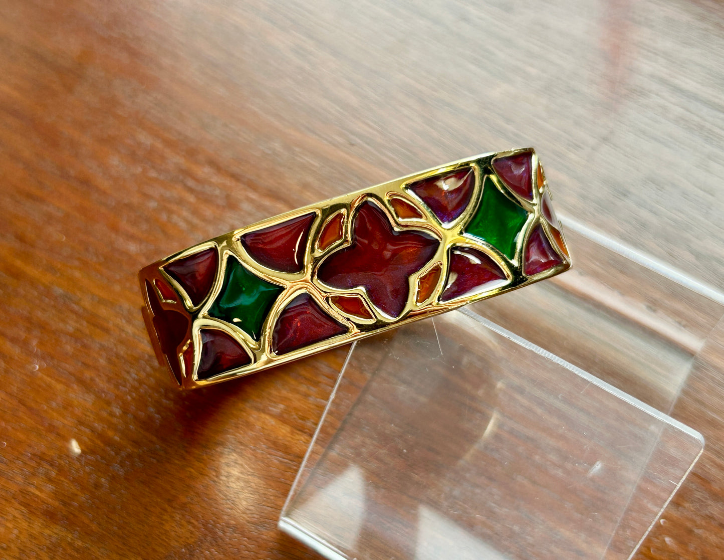 Vintage Signed Givenchy Gold Enamel Stained Glass Clamper Bracelet Red Green