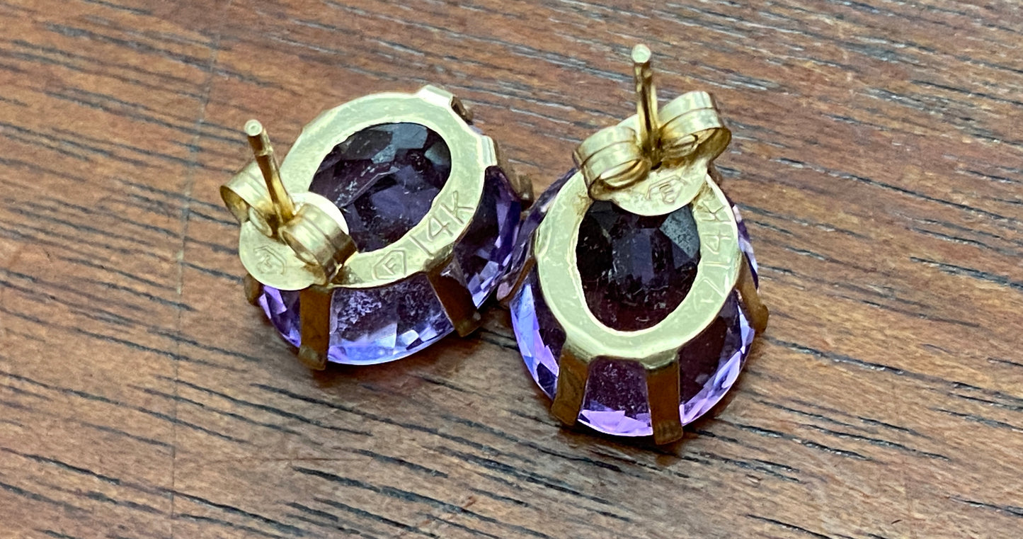 14k Yellow Gold 10x12mm Amethyst Pierced Stud Earrings