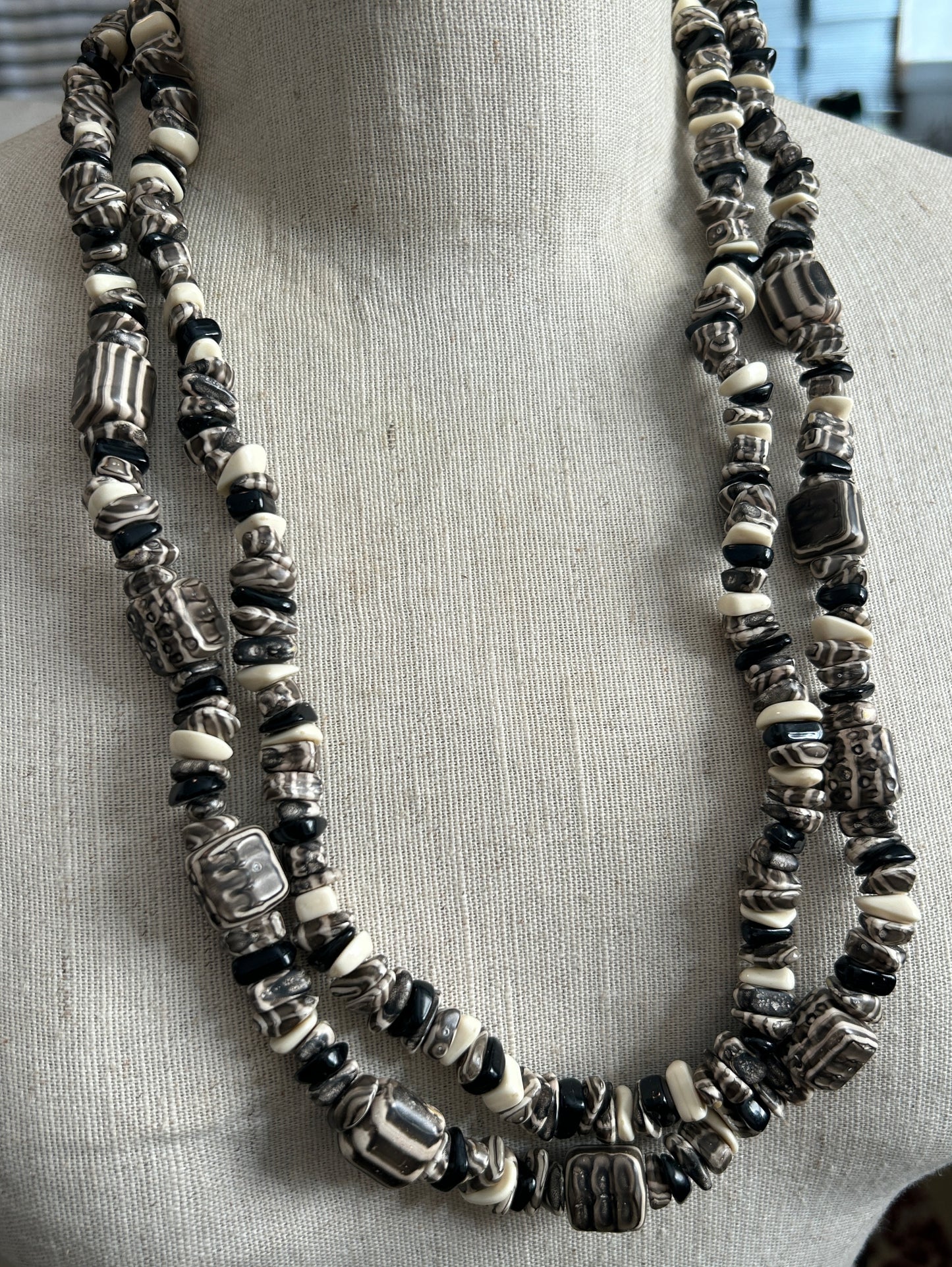 Vintage Black & White Tribal Art Beads Double Strand Necklace