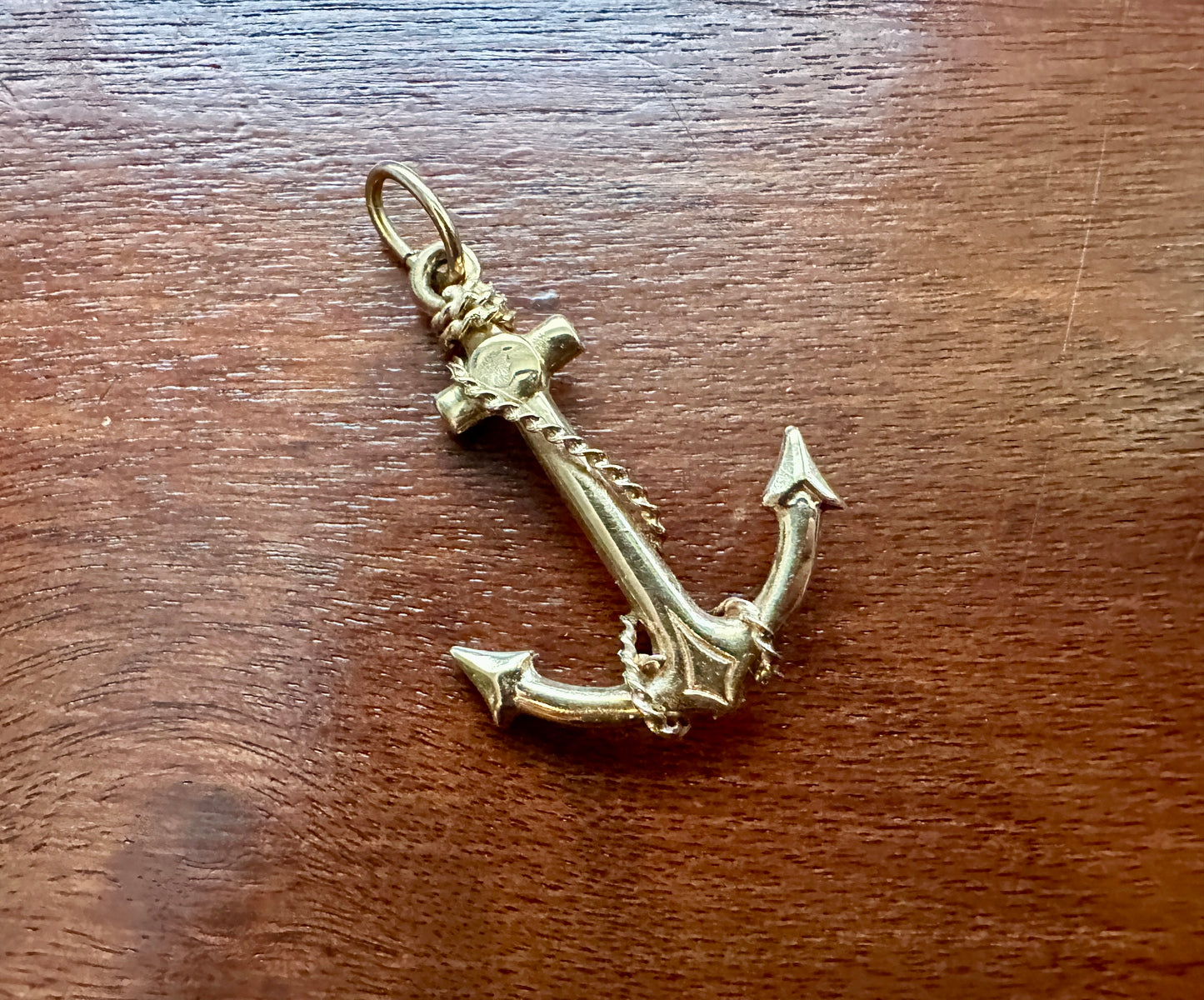 14k Yellow Gold Heavy Anchor Nautical Rope Necklace Pendant 6.4.g