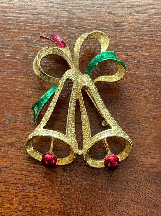 Vintage Gerry's Ribbon Bells Red Green Enamel Textured Brooch Pin