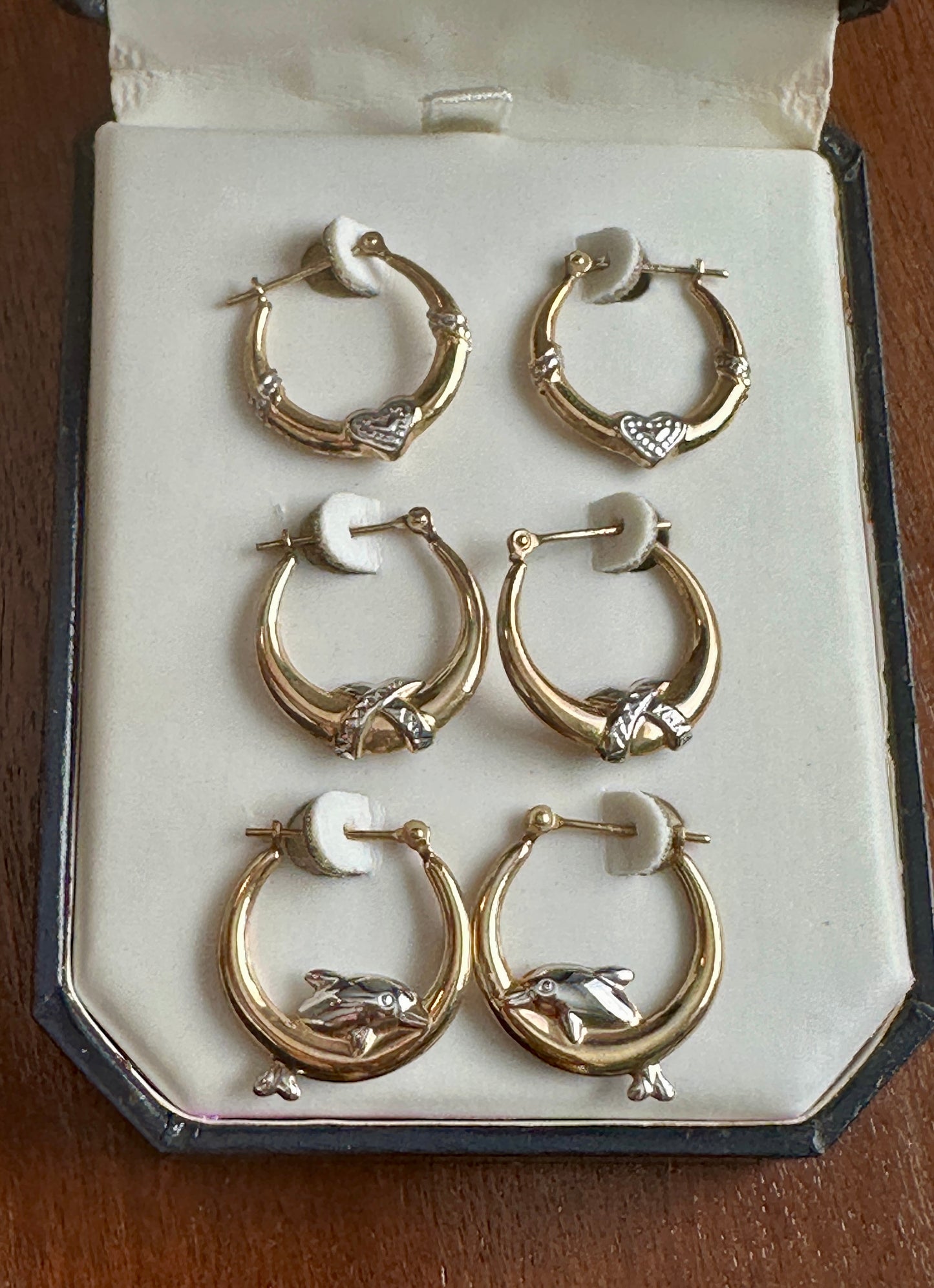 JCM 10k White Yellow Gold Cute Hoop Earring Set Heart Dolphins X Pattern in Box