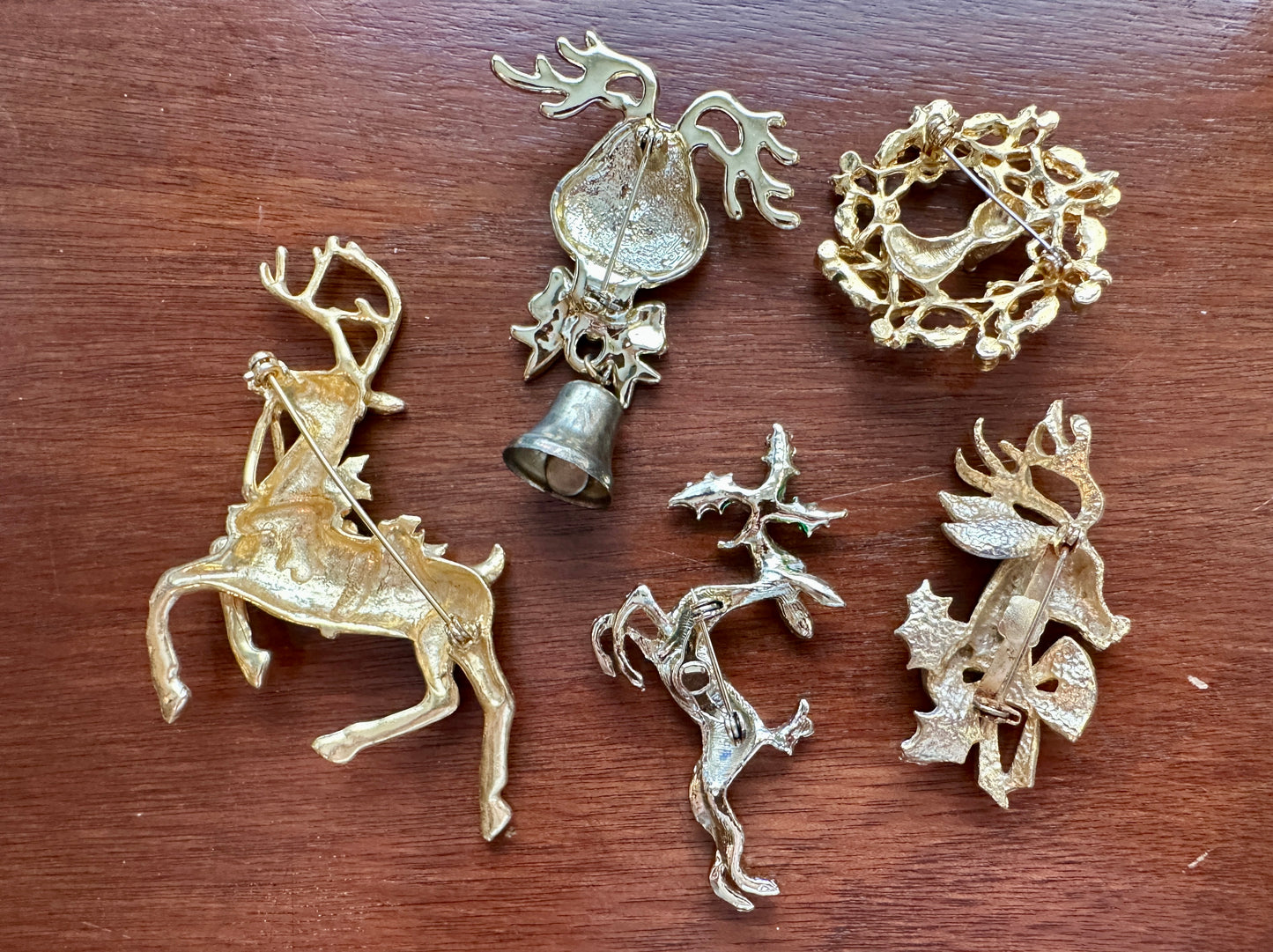 Vintage to Now Brooch Lot Reindeer Deer Wreath Candles Bells Rhinestone Enamel